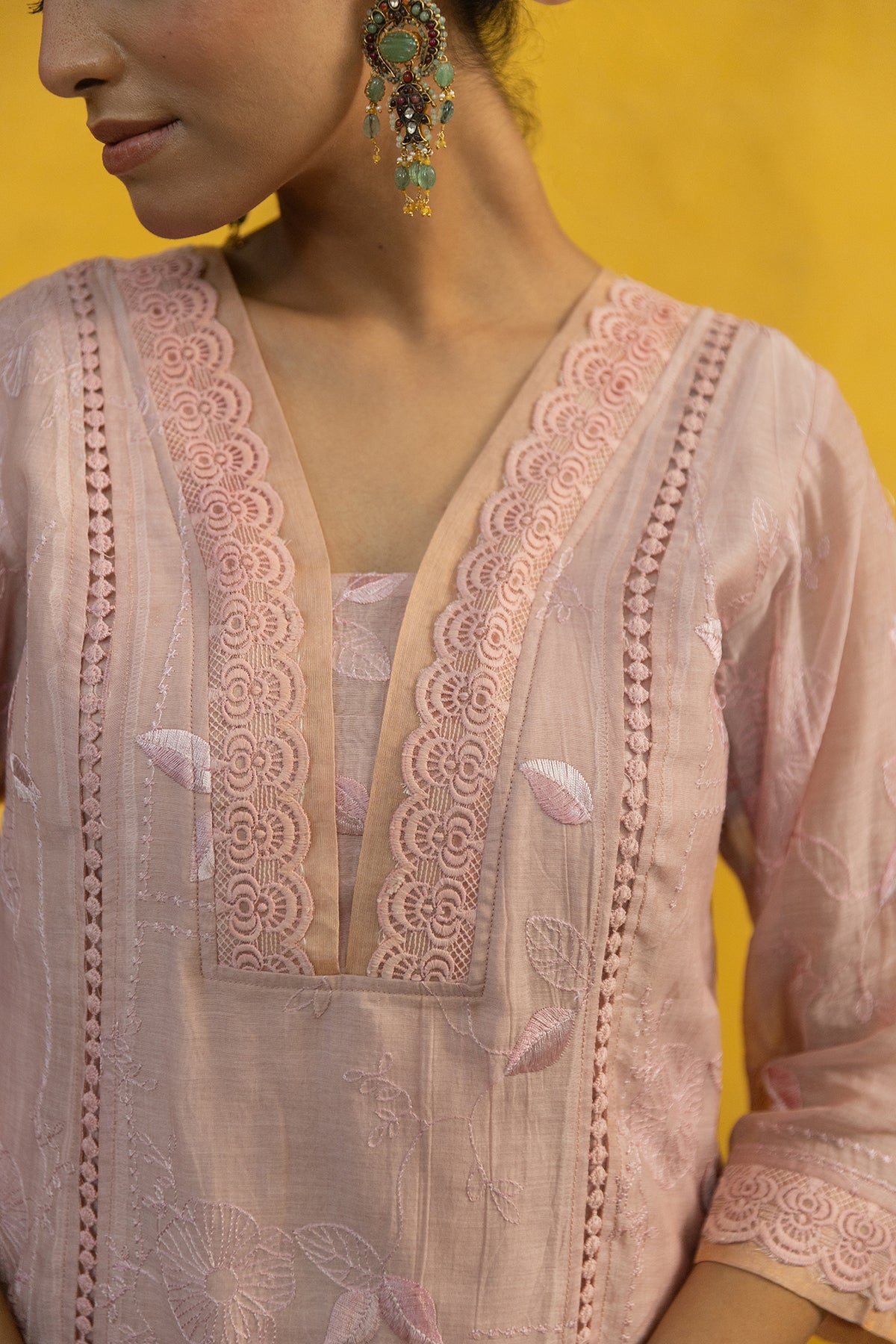 Soft Chanderi Embroidered Suit with Glittery Neck
