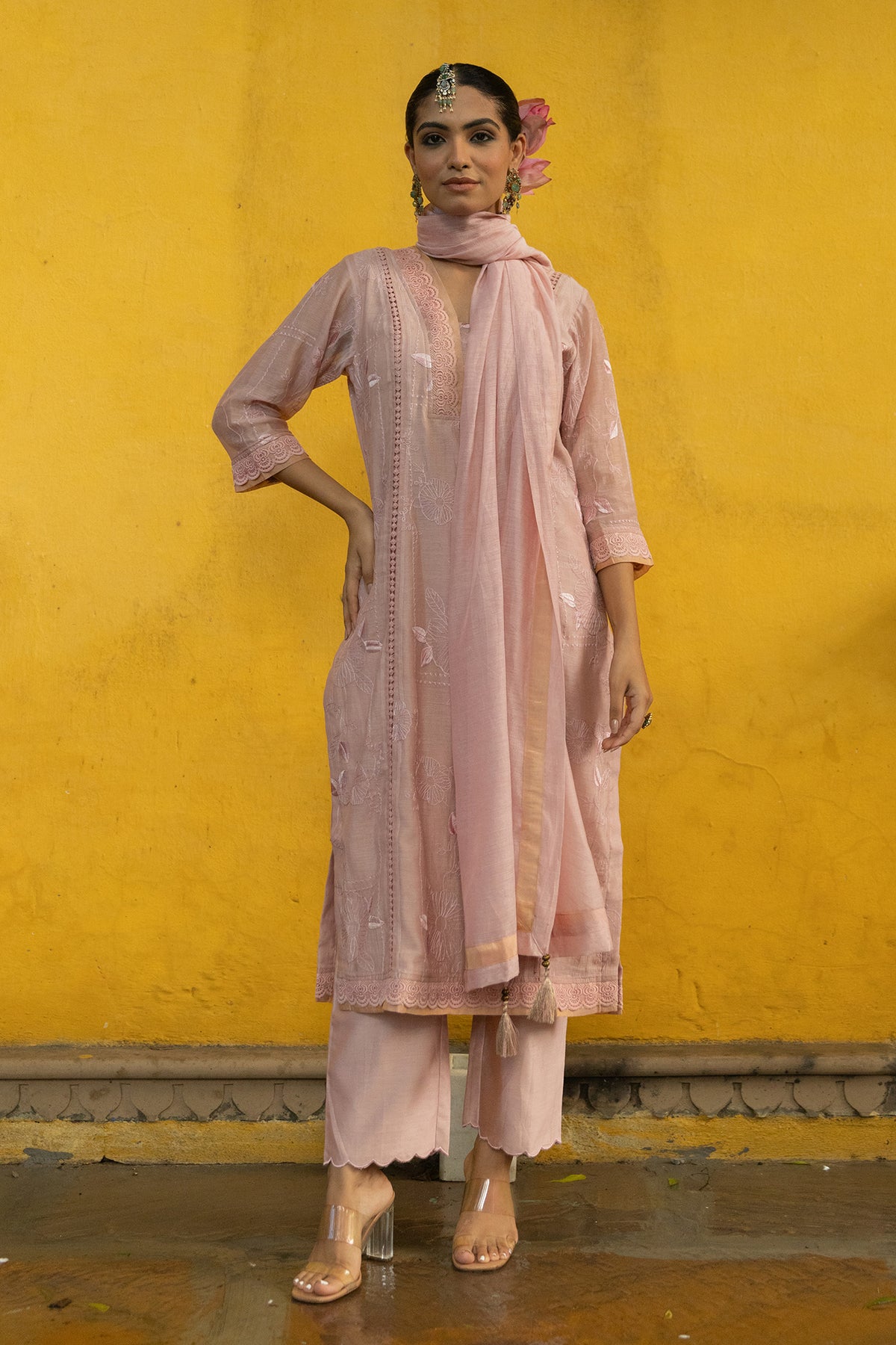 Soft Chanderi Embroidered Suit with Glittery Neck