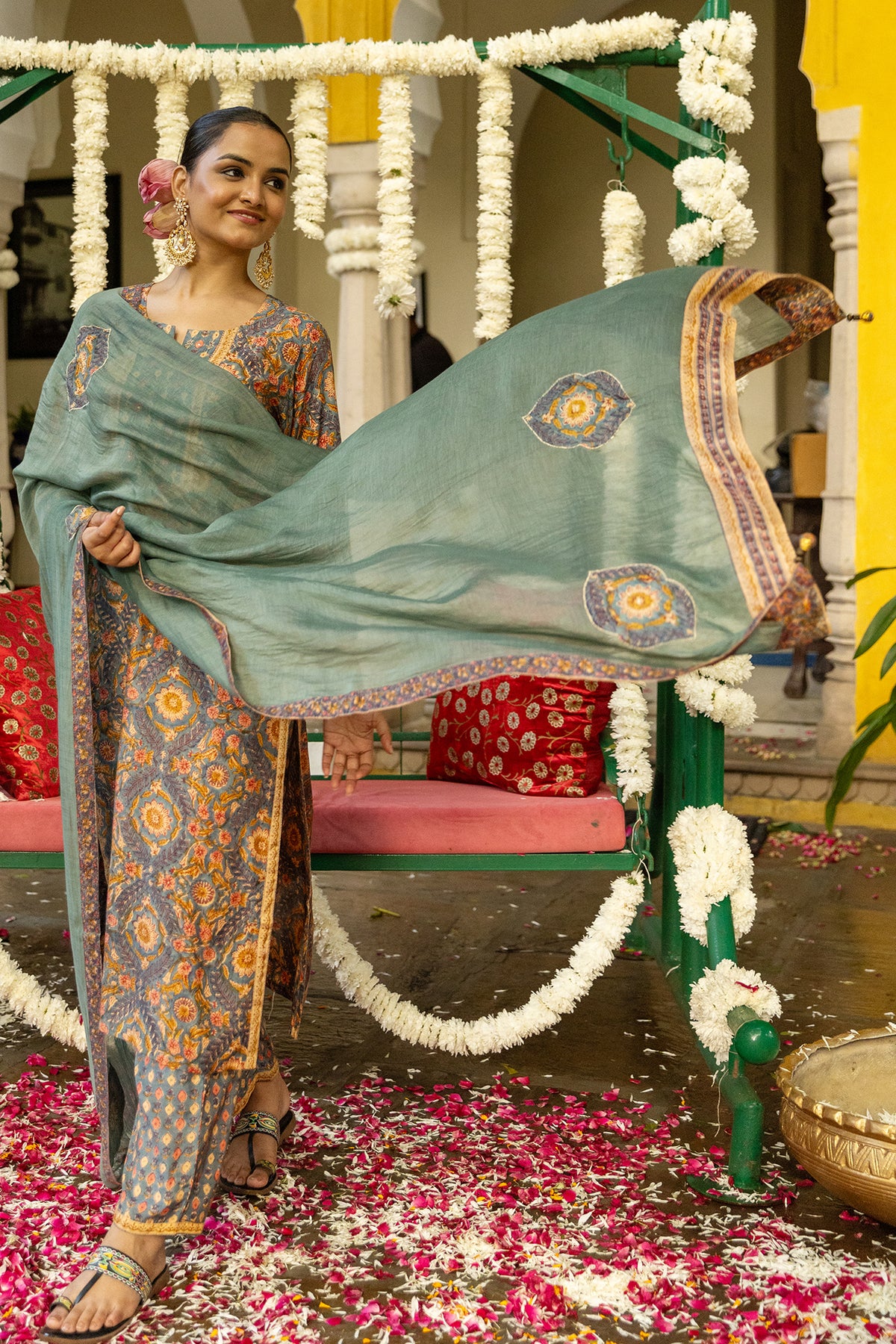 Mul Chanderi Patchwork Dupatta in Turquoise Green
