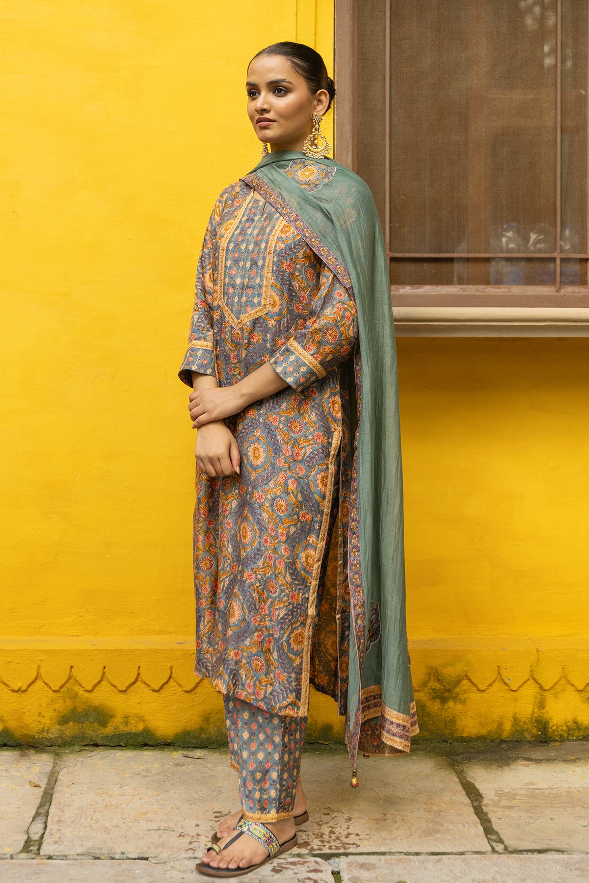 Mul Chanderi Patchwork Dupatta in Turquoise Green