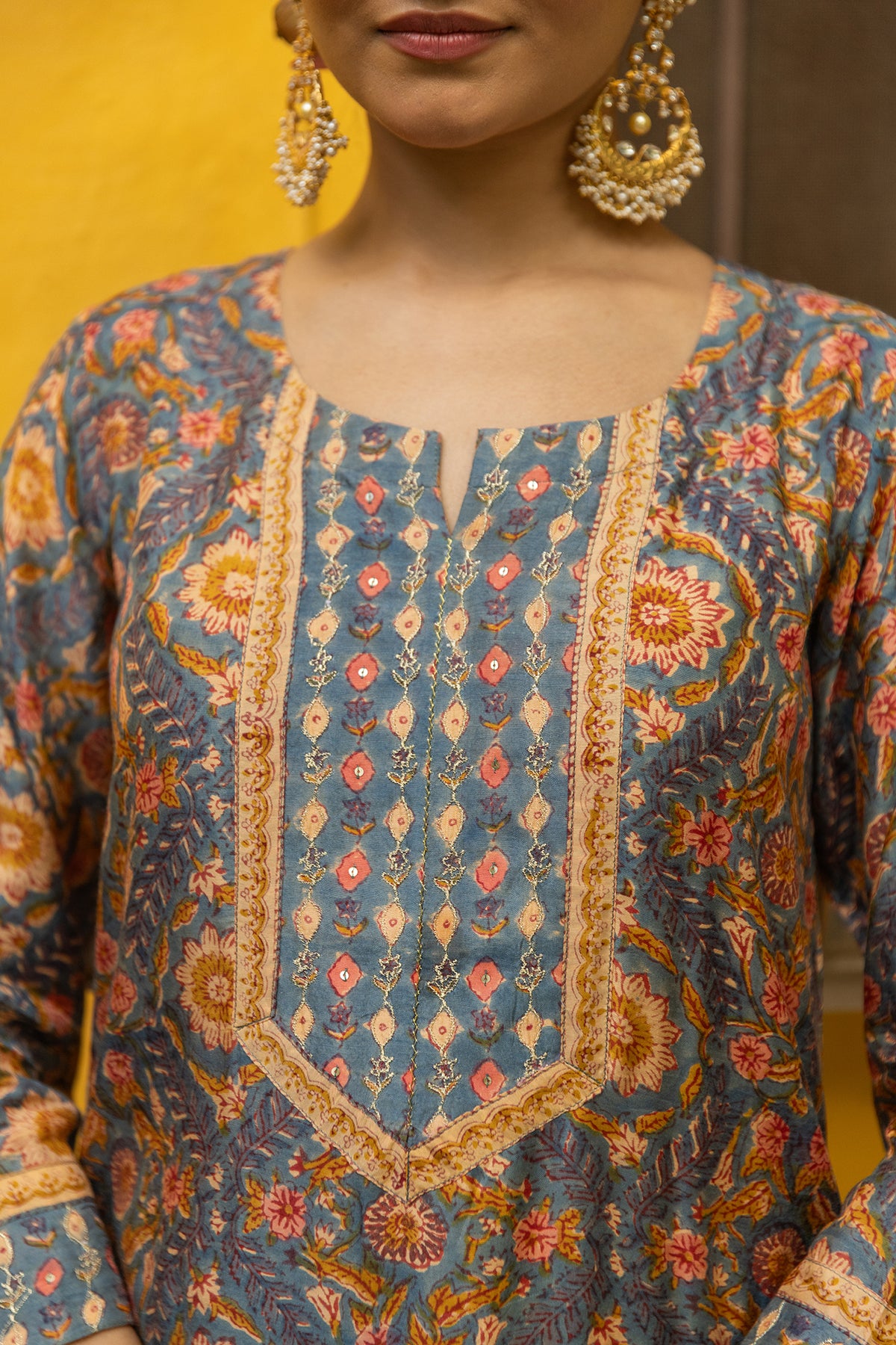 Hand blok printed 3-piece suit set with chanderi dupatta
