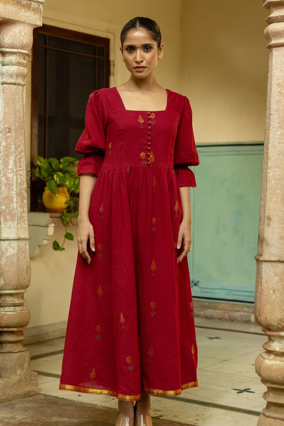 Maroon Jamdani Handwoven Cotton Dress with Square Neckline