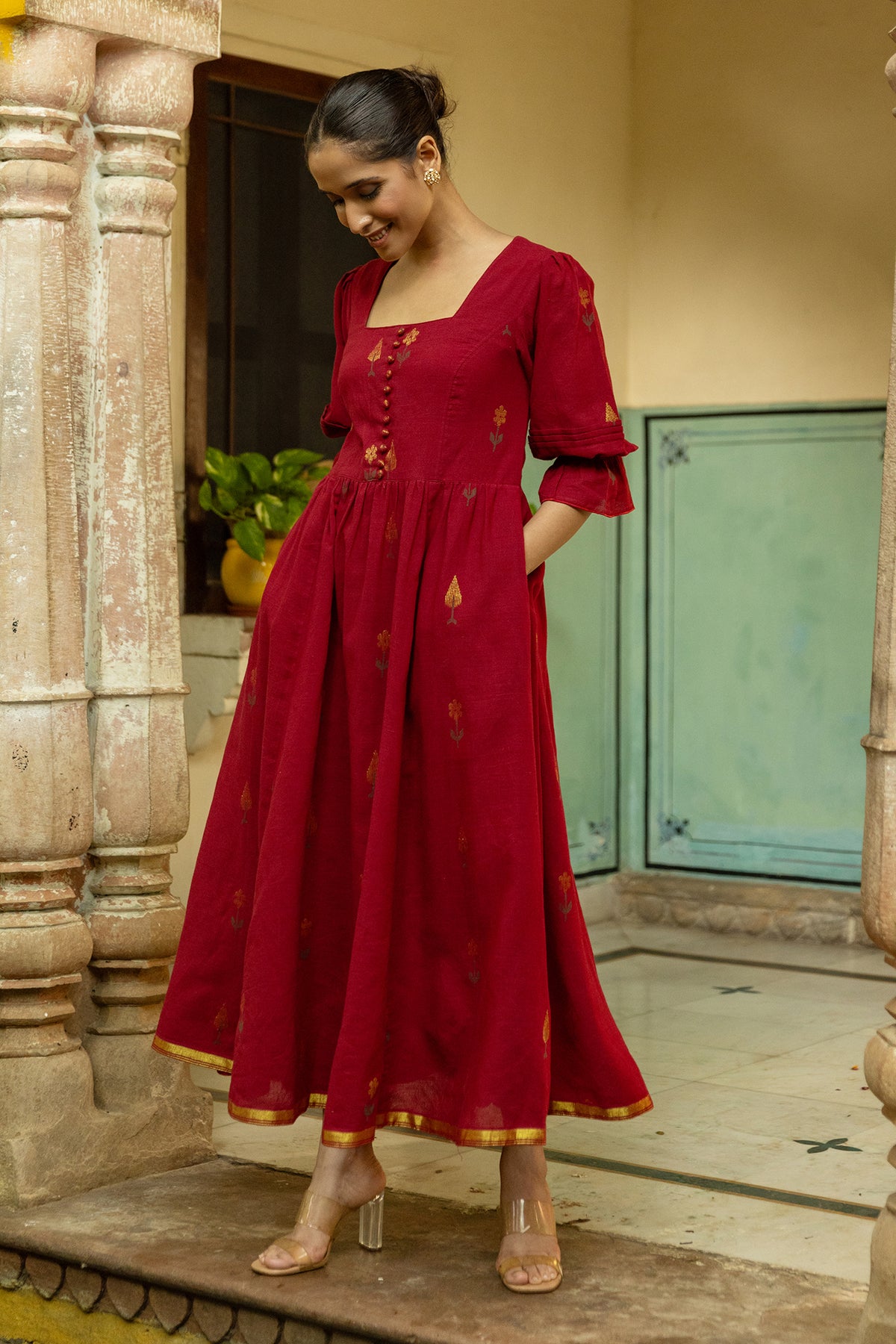 Maroon Jamdani Handwoven Cotton Dress with Square Neckline