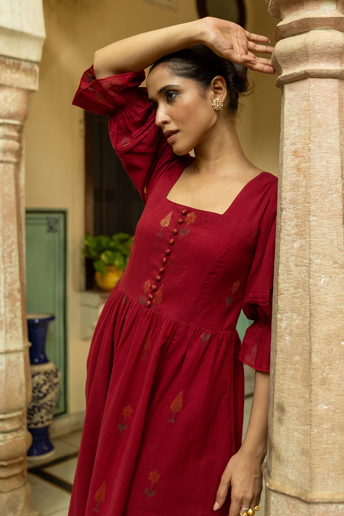 Maroon Jamdani Handwoven Cotton Dress with Square Neckline