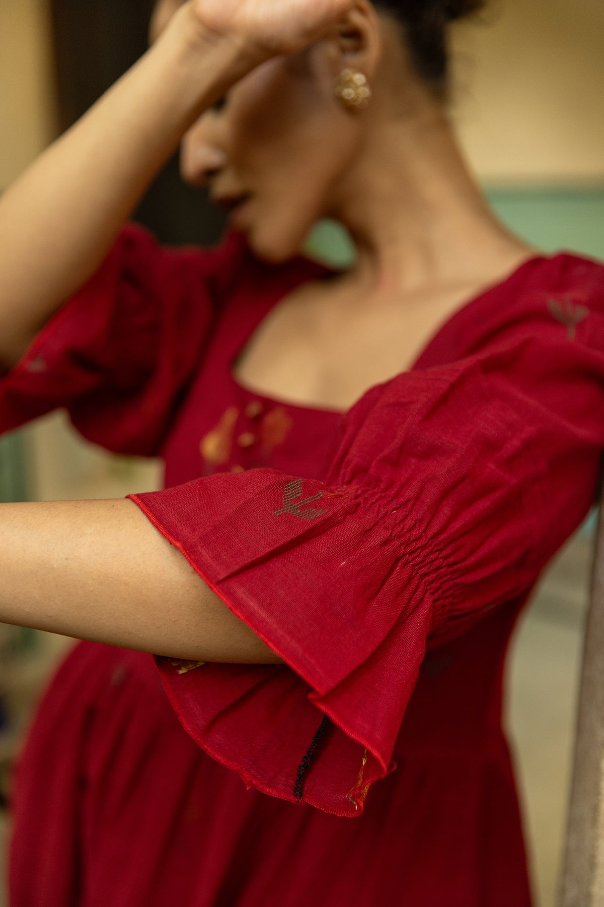 Maroon Jamdani Handwoven Cotton Dress with Square Neckline