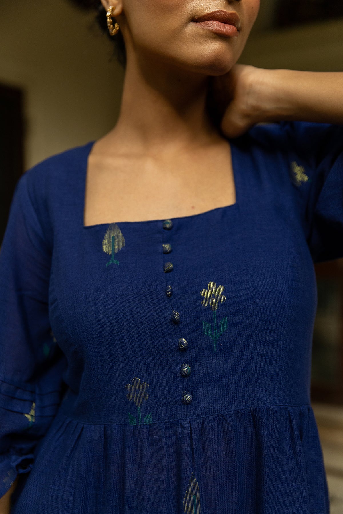 Blue Jamdani Handwoven Cotton Dress with Elasticated Back