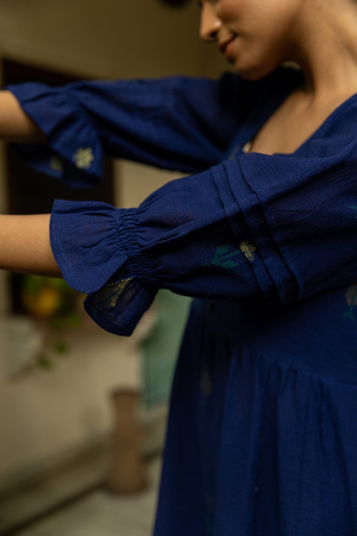 Blue Jamdani Handwoven Cotton Dress with Elasticated Back