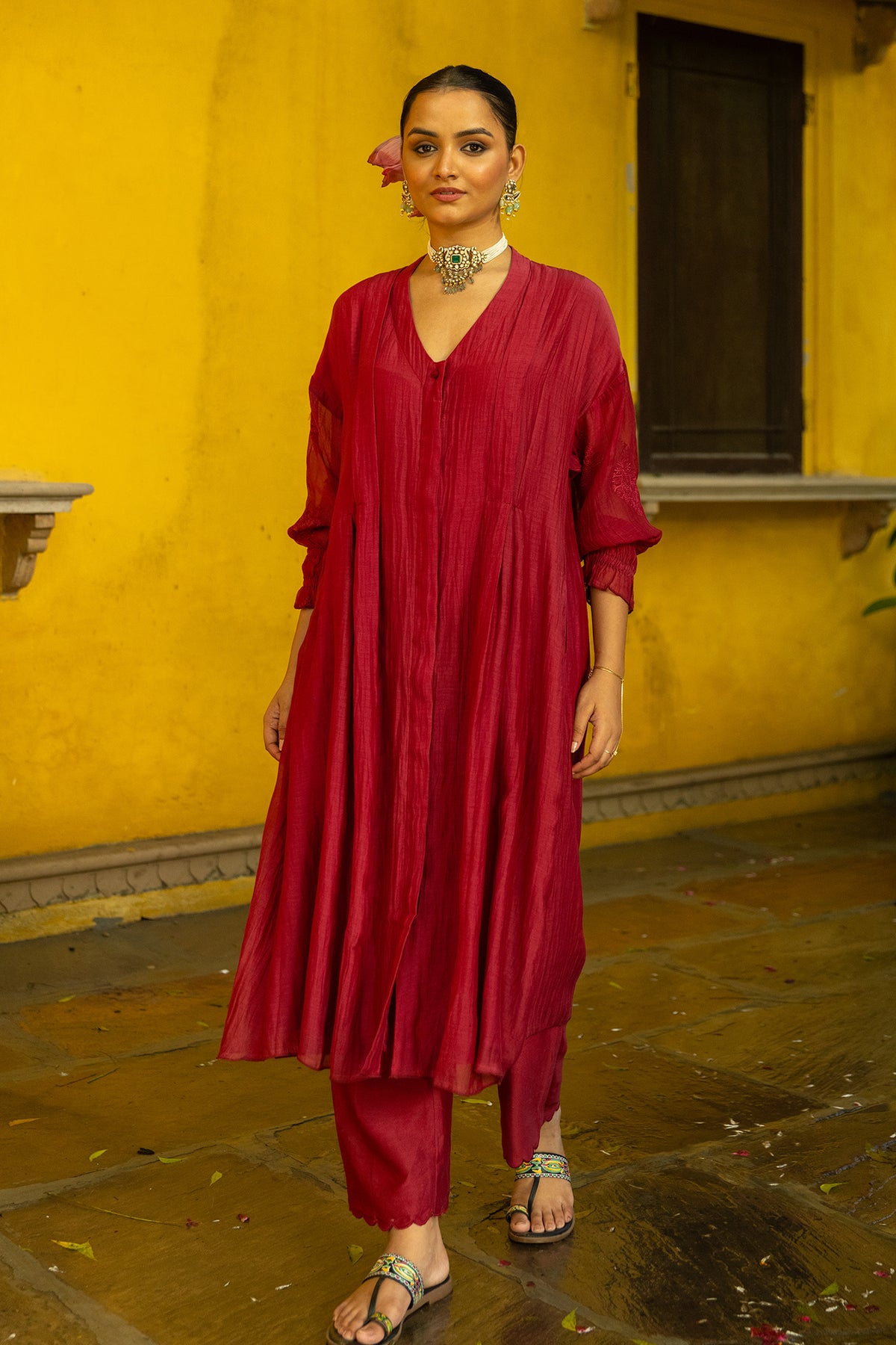 Long Front Open Kurta Dress with Matching Scalloped Pants & Embroidered Sleeves