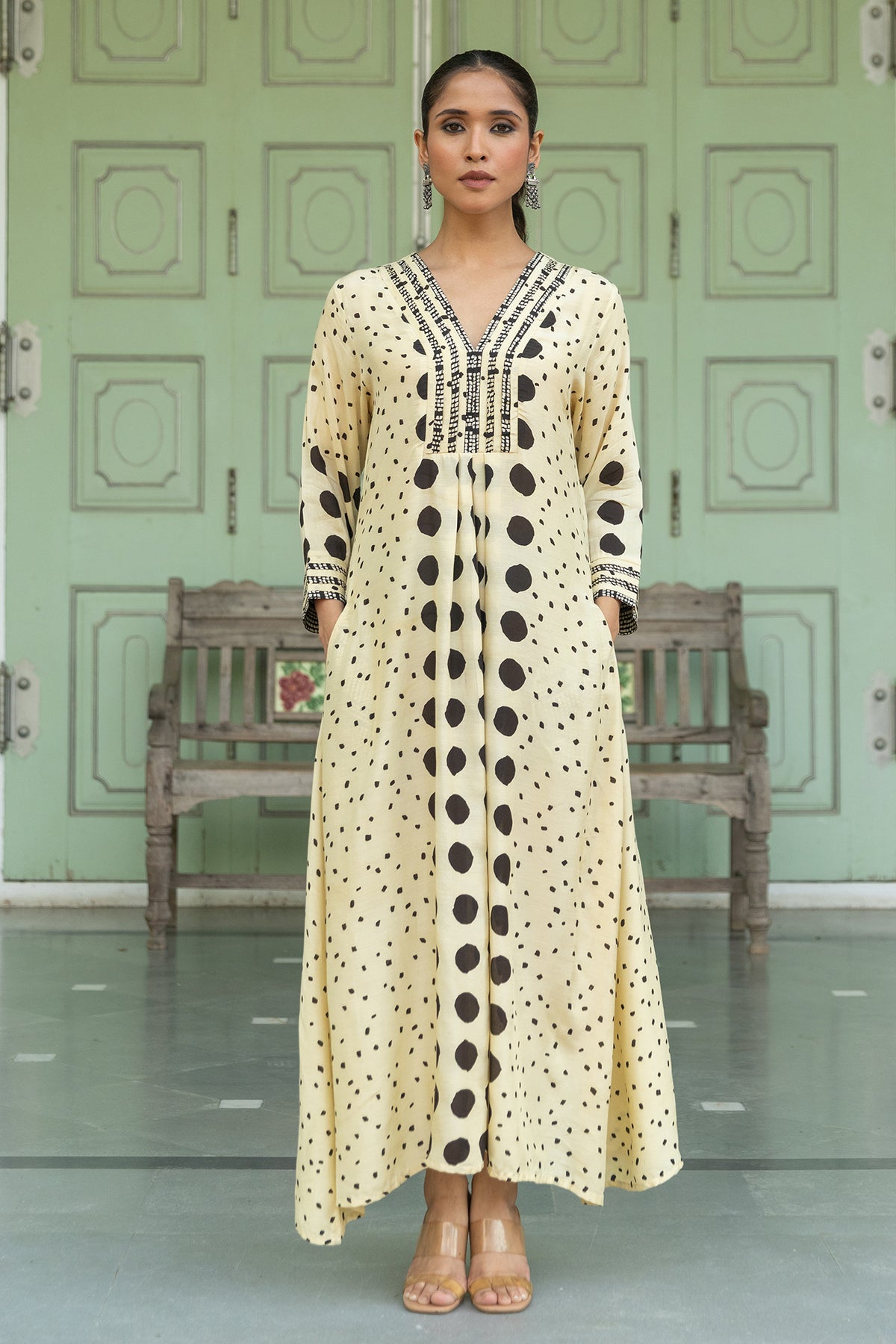 Muslin Dress with Bagru Polka Dot Print and Pleated Details