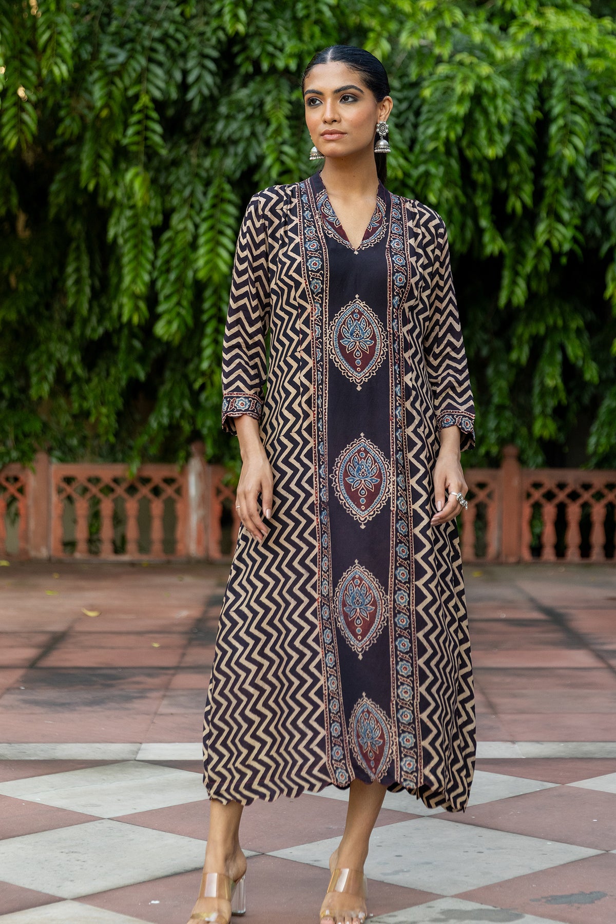 Muslin Dart Dress with Ajrakh Placement Print