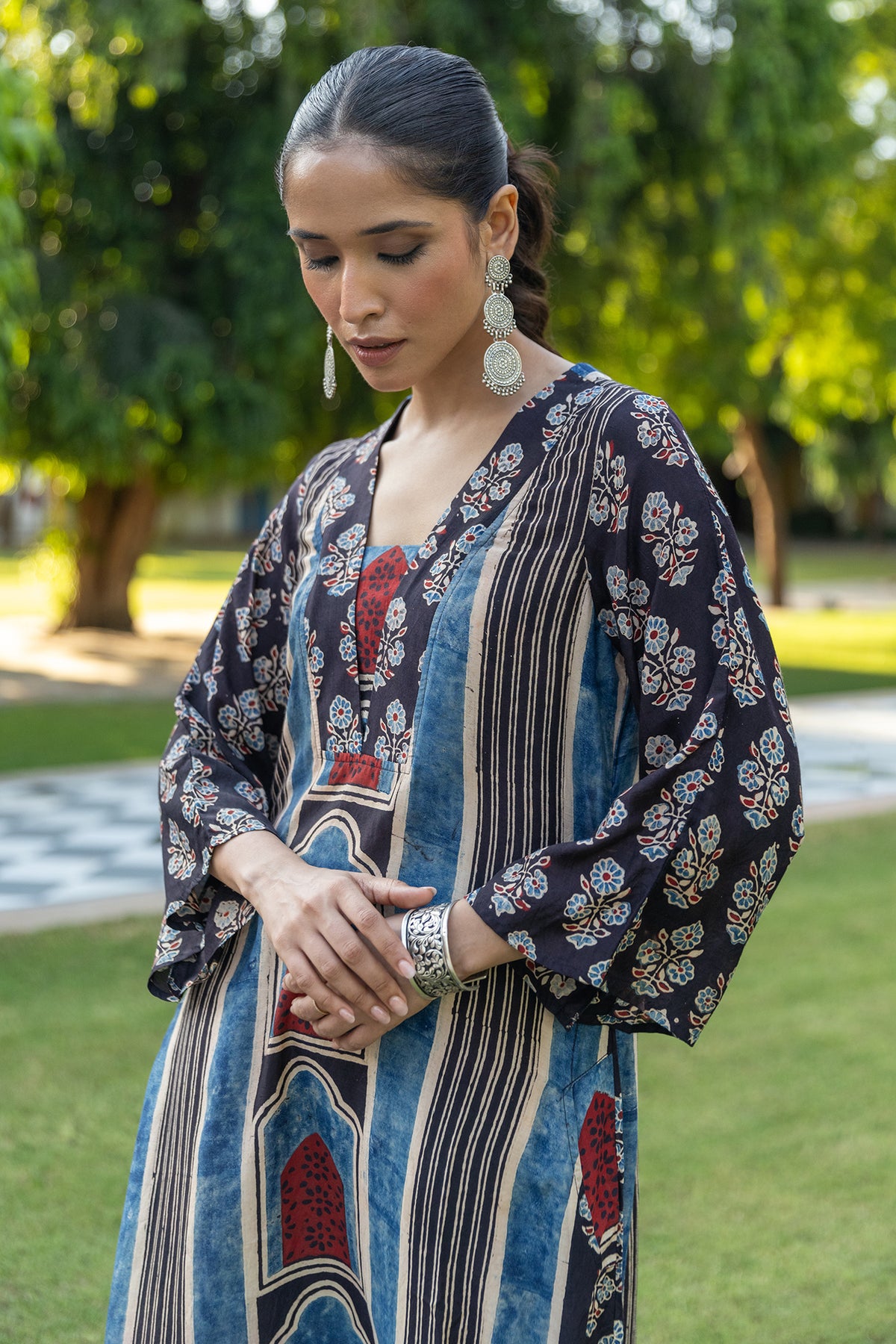 Muslin A-Line Dress with Ajrakh Print and Scalloped Details