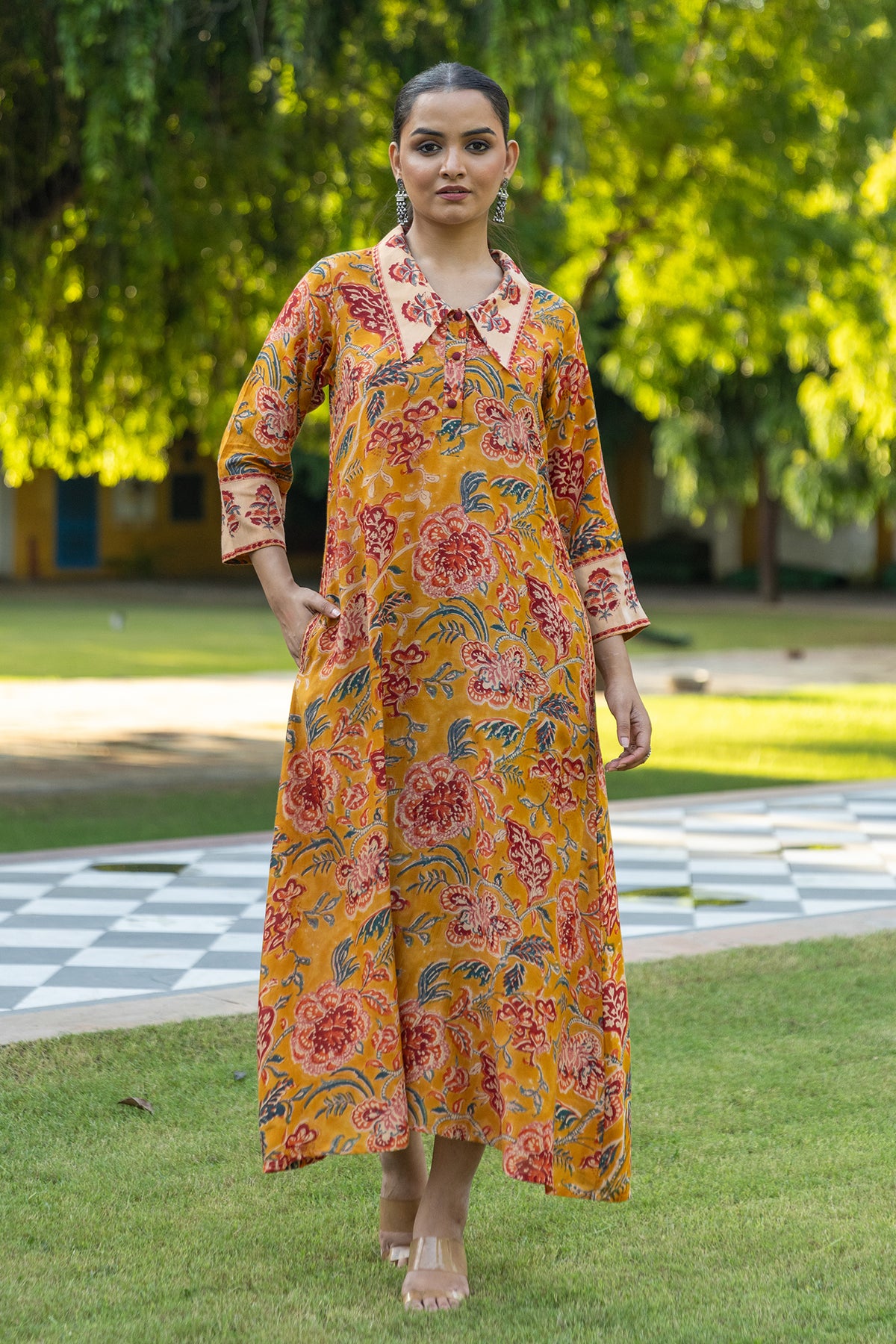 Mustard Muslin A-Line Dress with Boota Hand Block Print and Long Collar