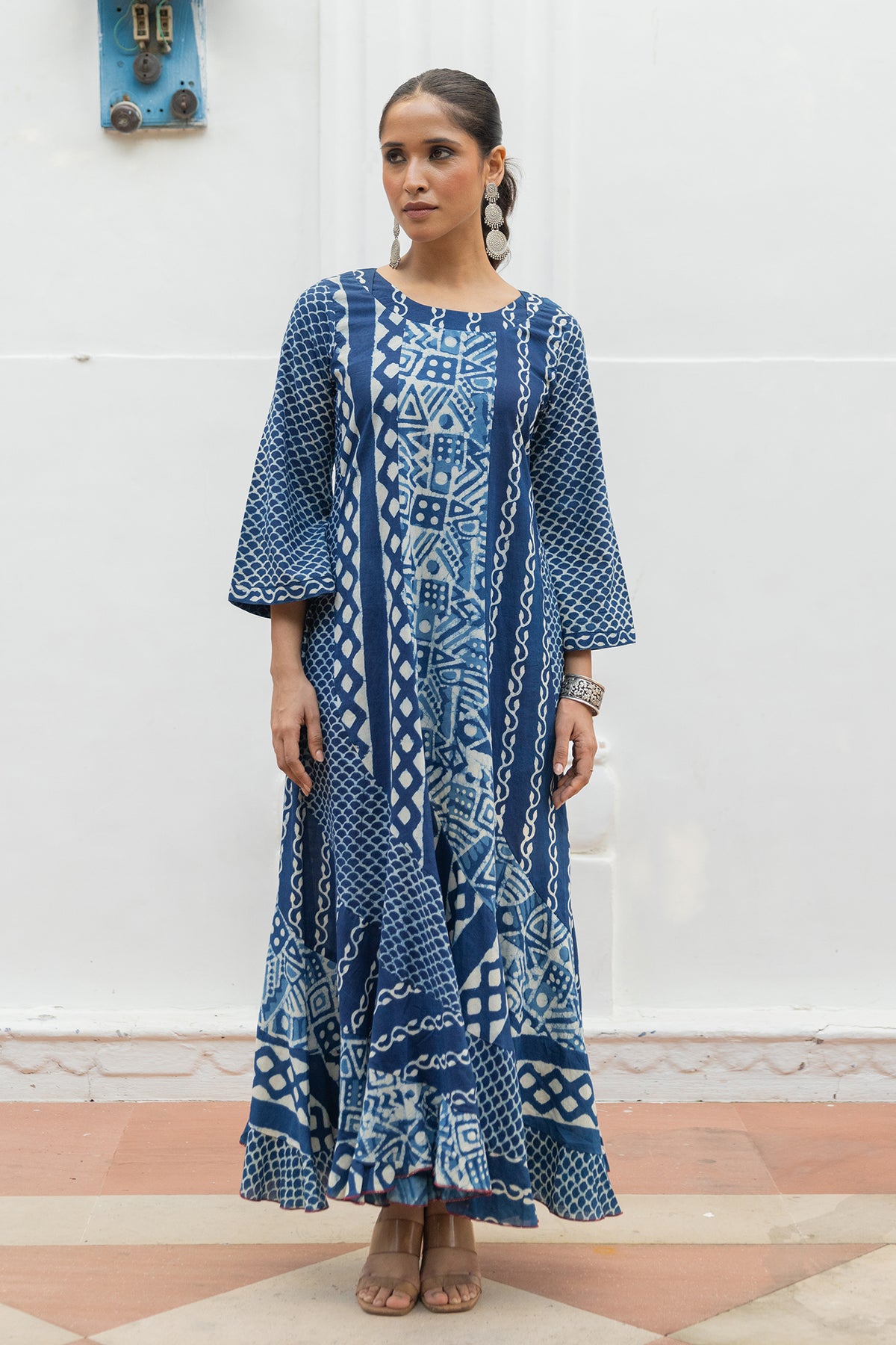 Indigo Handblock Multi-Print Long Ruffled Dress
