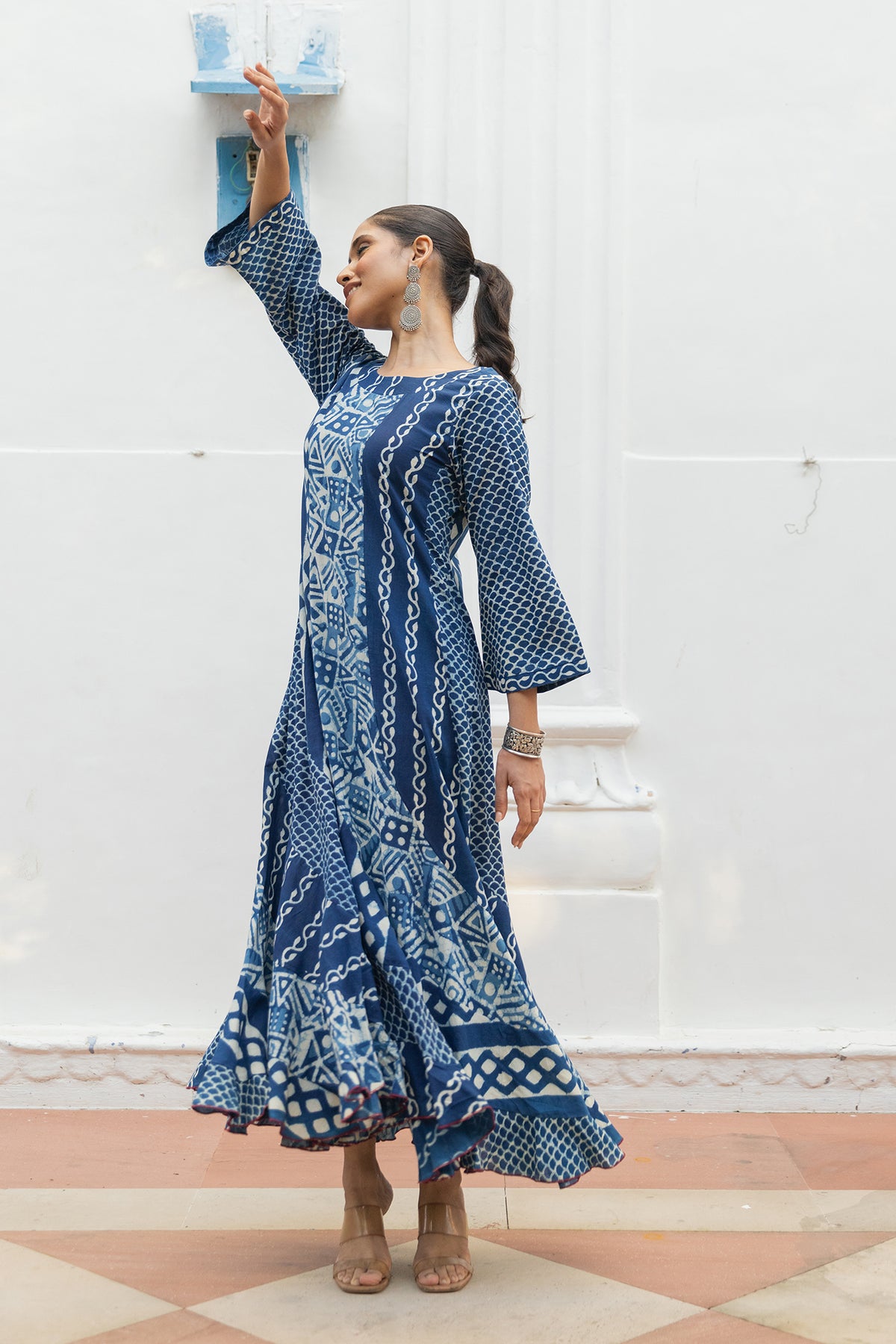 Indigo Handblock Multi-Print Long Ruffled Dress