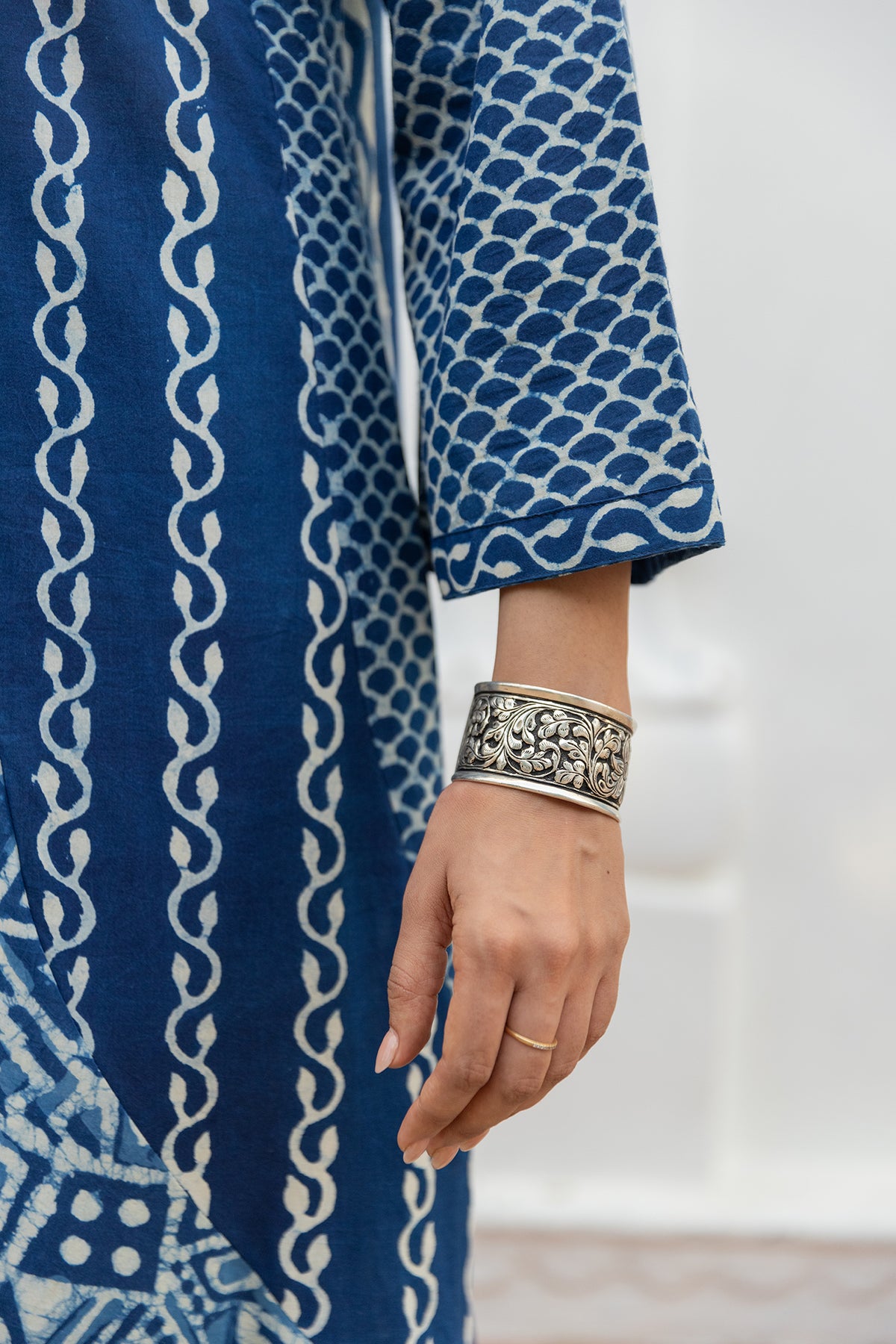 Indigo Handblock Multi-Print Long Ruffled Dress