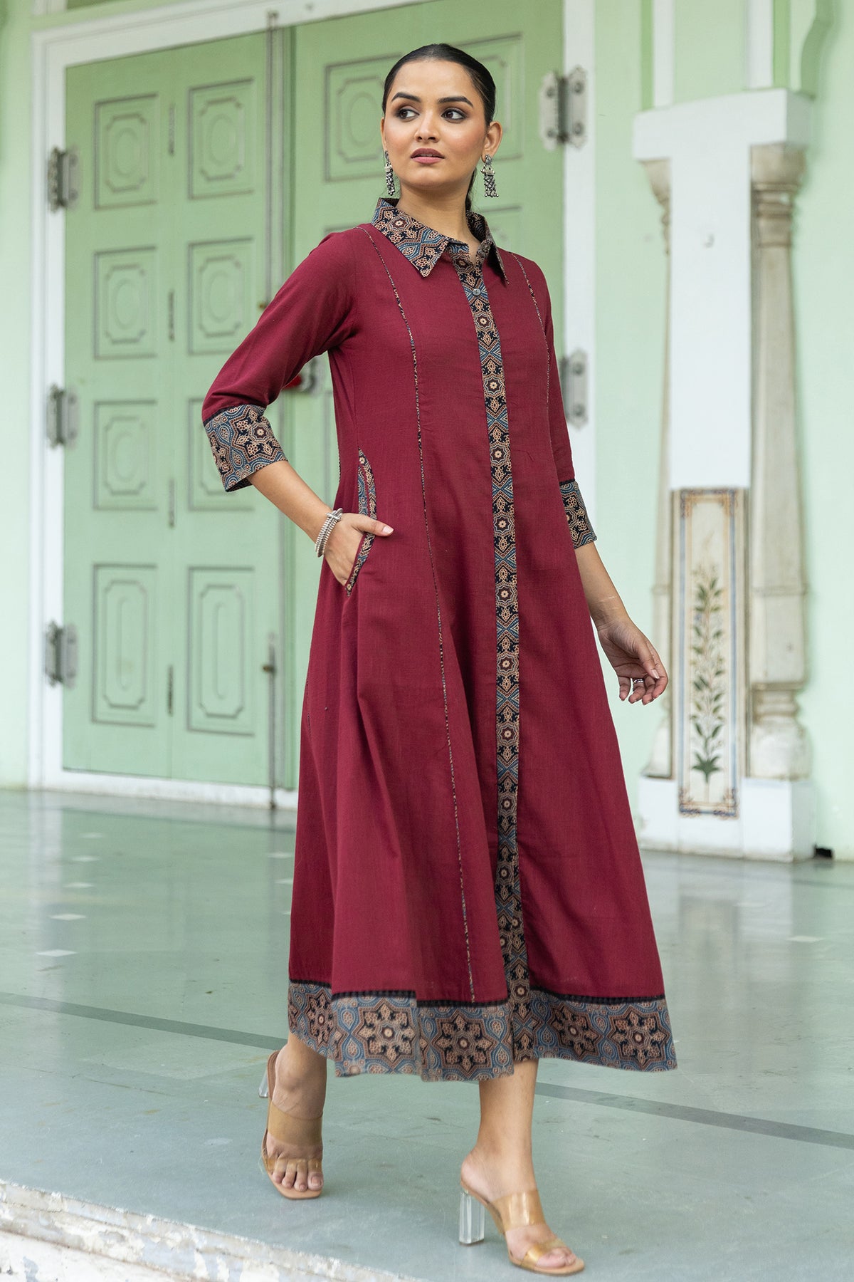 Maroon A-Line Dress with Ajrakh Print Collar and Pockets