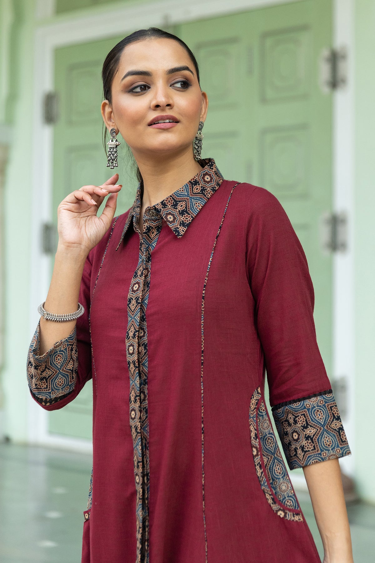 Maroon A-Line Dress with Ajrakh Print Collar and Pockets