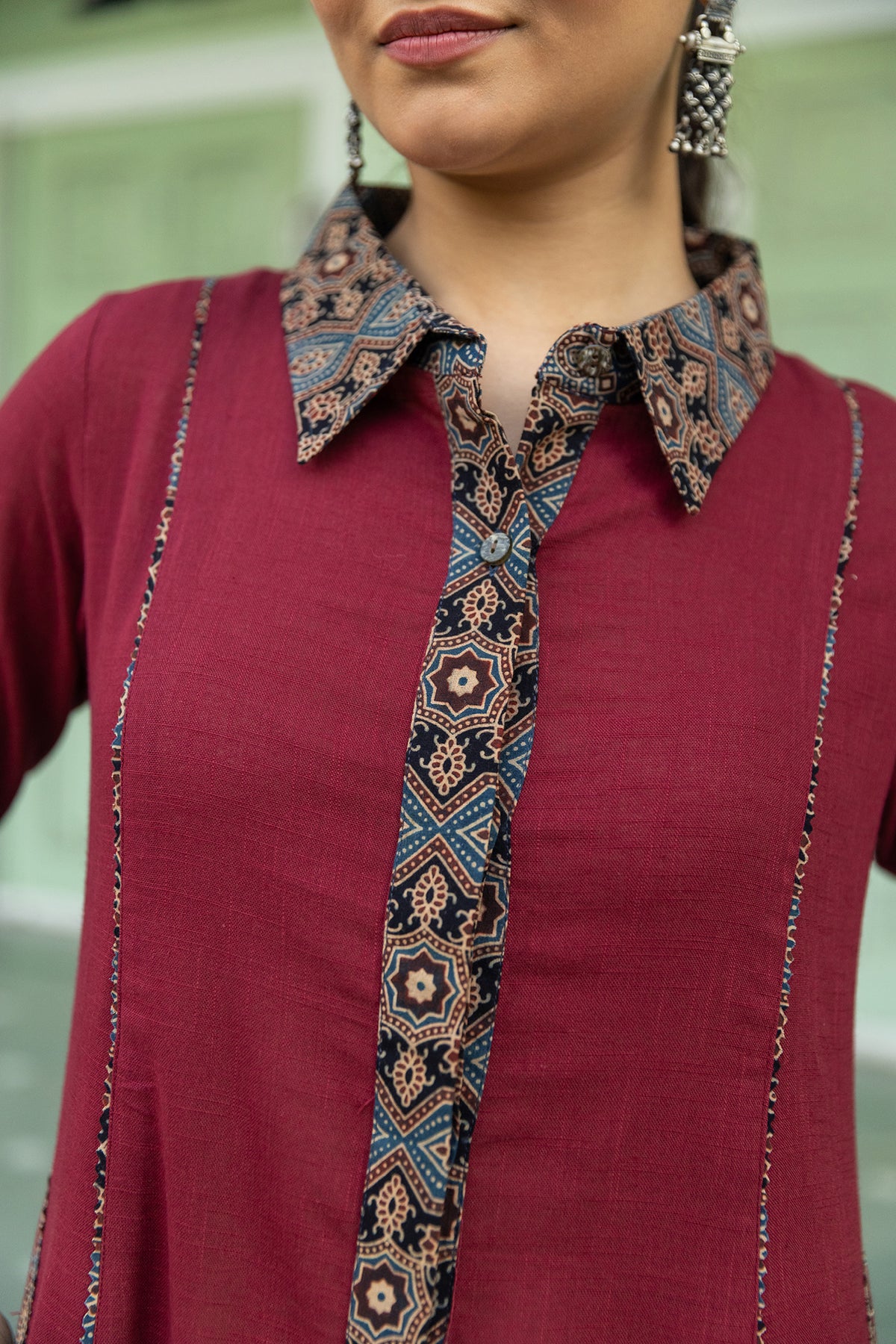 Maroon A-Line Dress with Ajrakh Print Collar and Pockets
