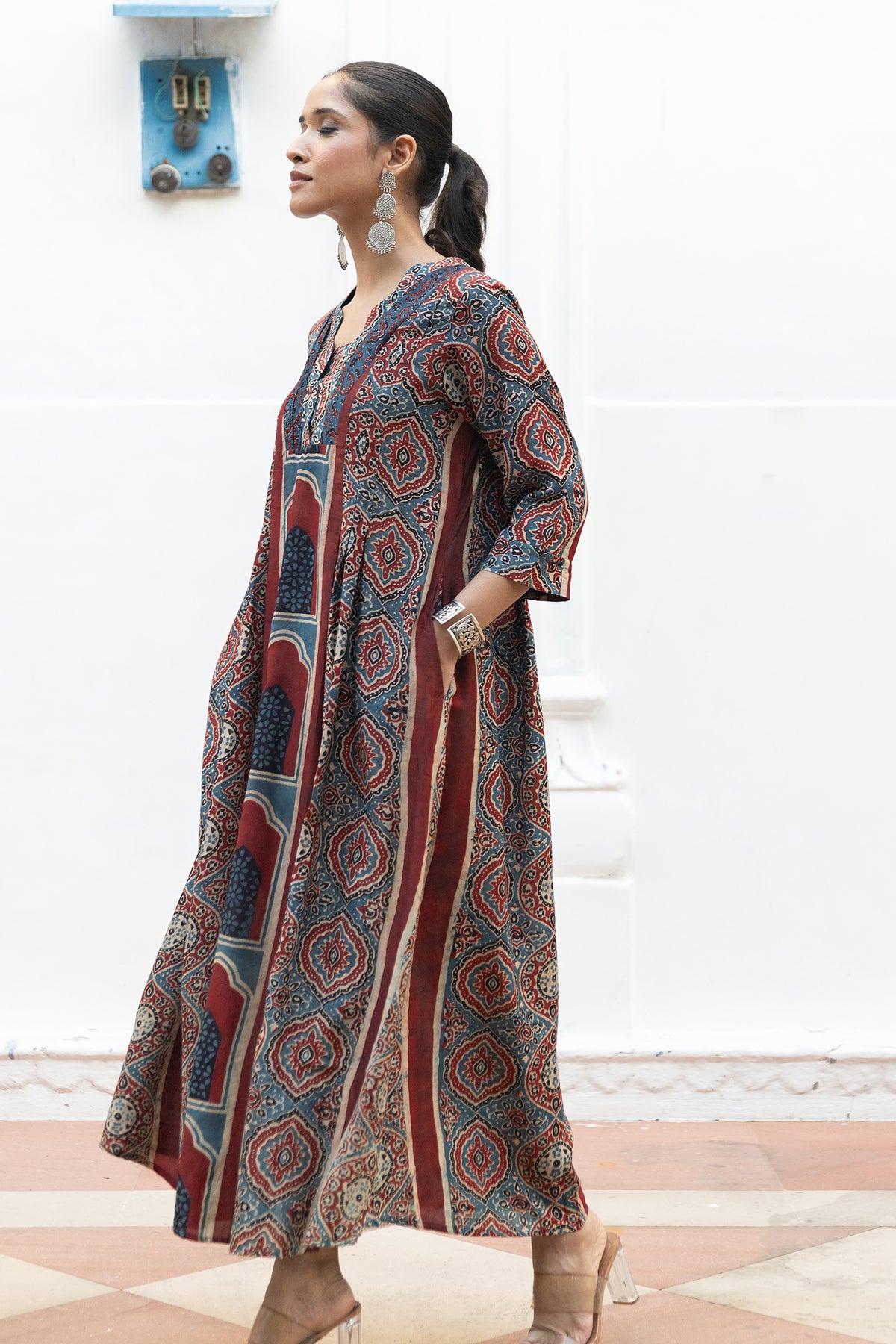 Soft Muslin A-Line Dress with Ajrakh Placement Print and Pockets