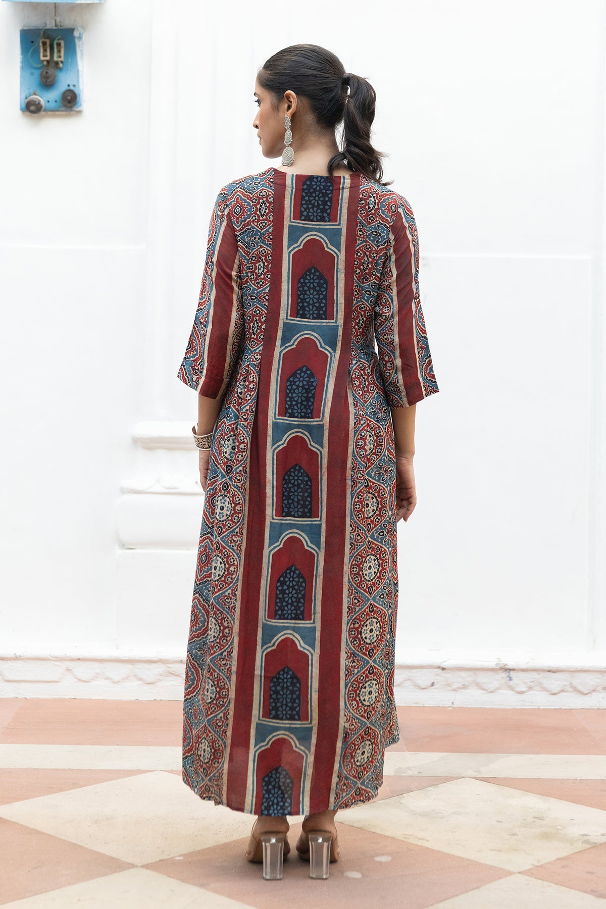 Soft Muslin A-Line Dress with Ajrakh Placement Print and Pockets