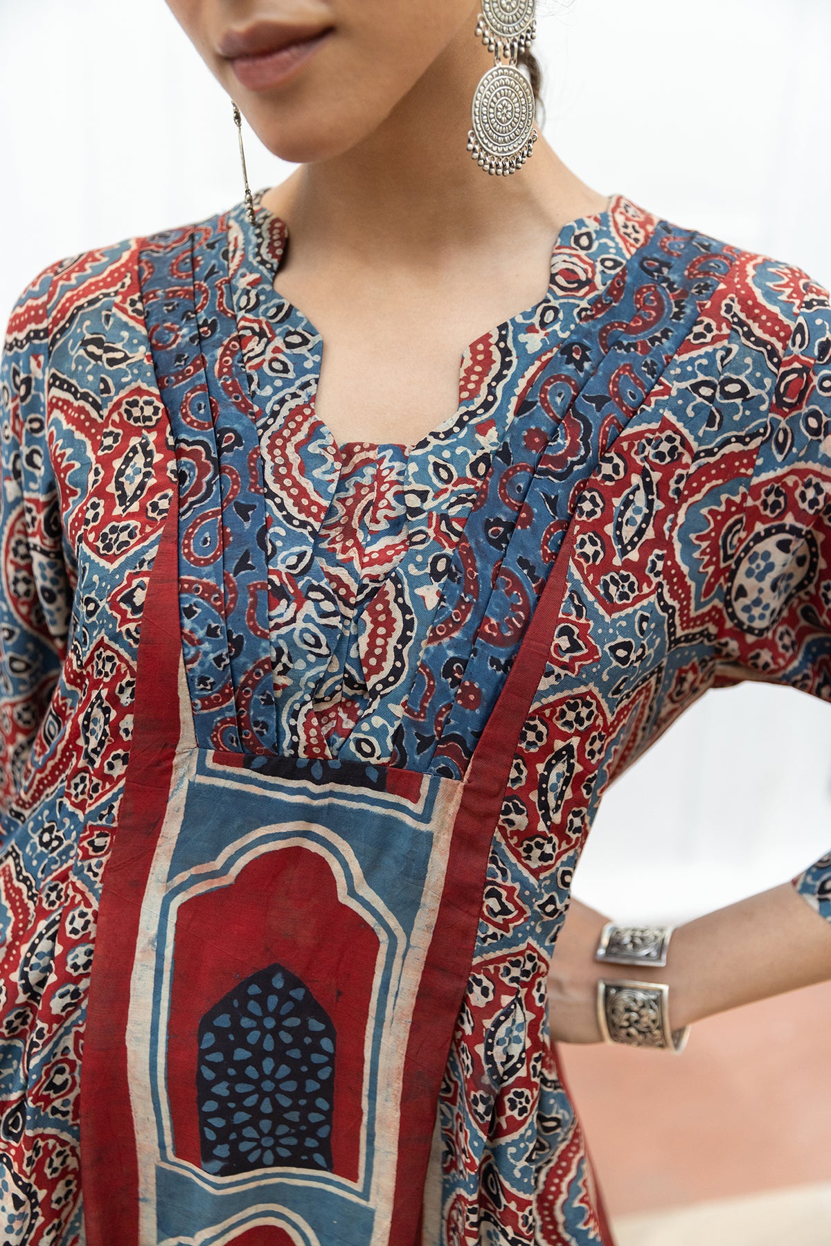 Soft Muslin A-Line Dress with Ajrakh Placement Print and Pockets