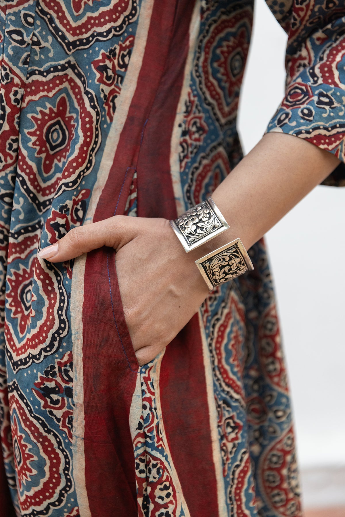 Soft Muslin A-Line Dress with Ajrakh Placement Print and Pockets