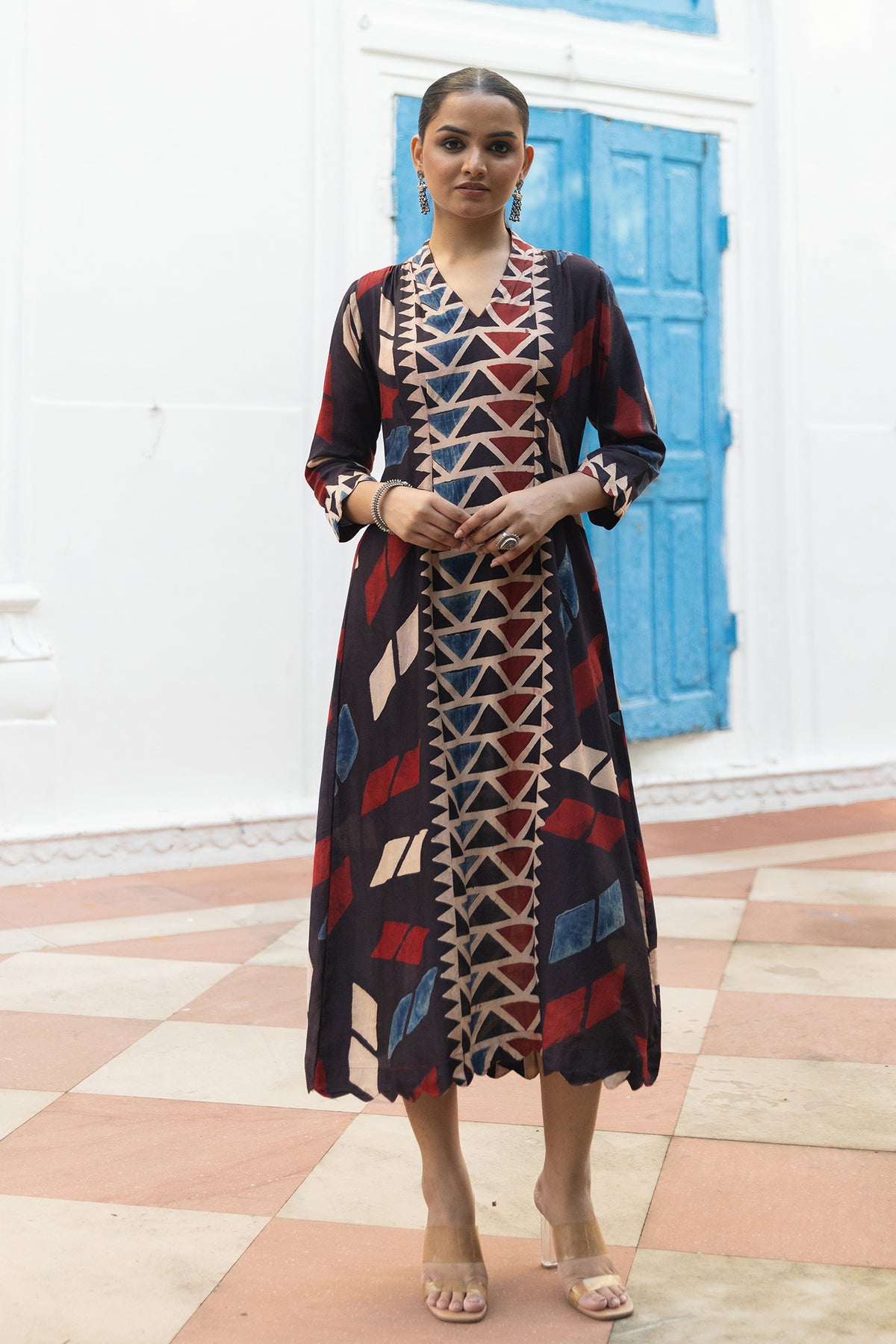 Black Muslin Ajrakh Print Signature Dart Dress