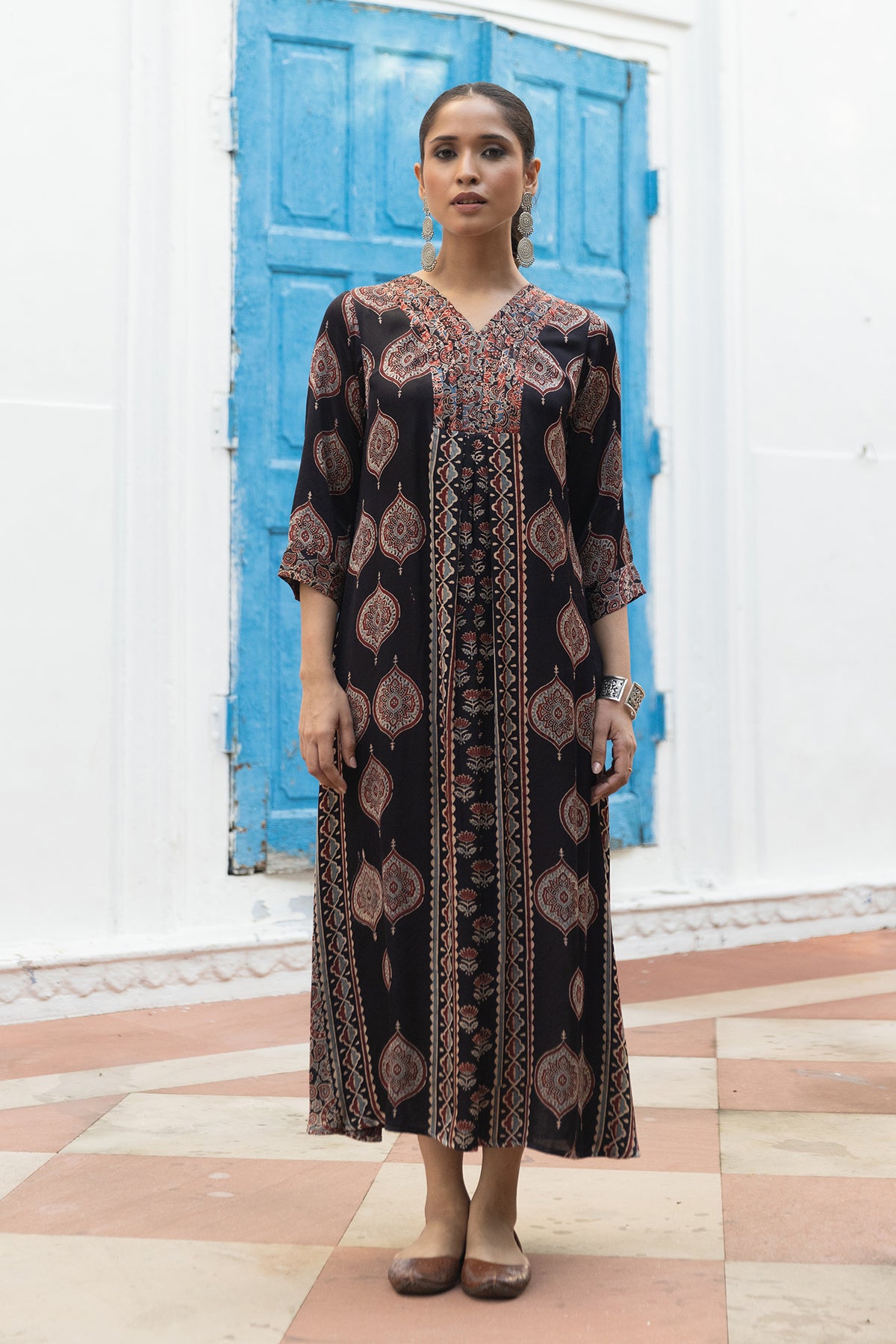 Modal Pleated Dress with Ajrakh Hand Block Print