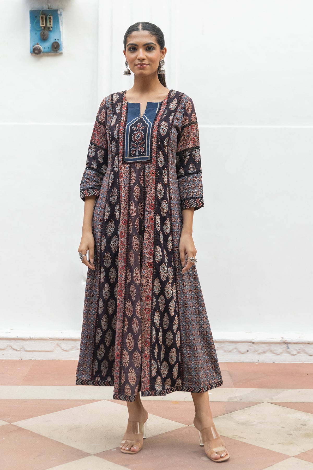 Multicolor Ajrakh Handblock Multi-Panel A-Line Dress with Lacework