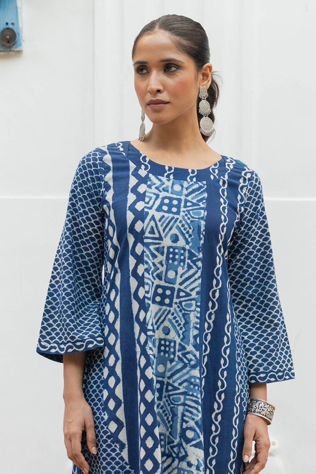 Indigo Handblock Multi-Print Long Ruffled Dress