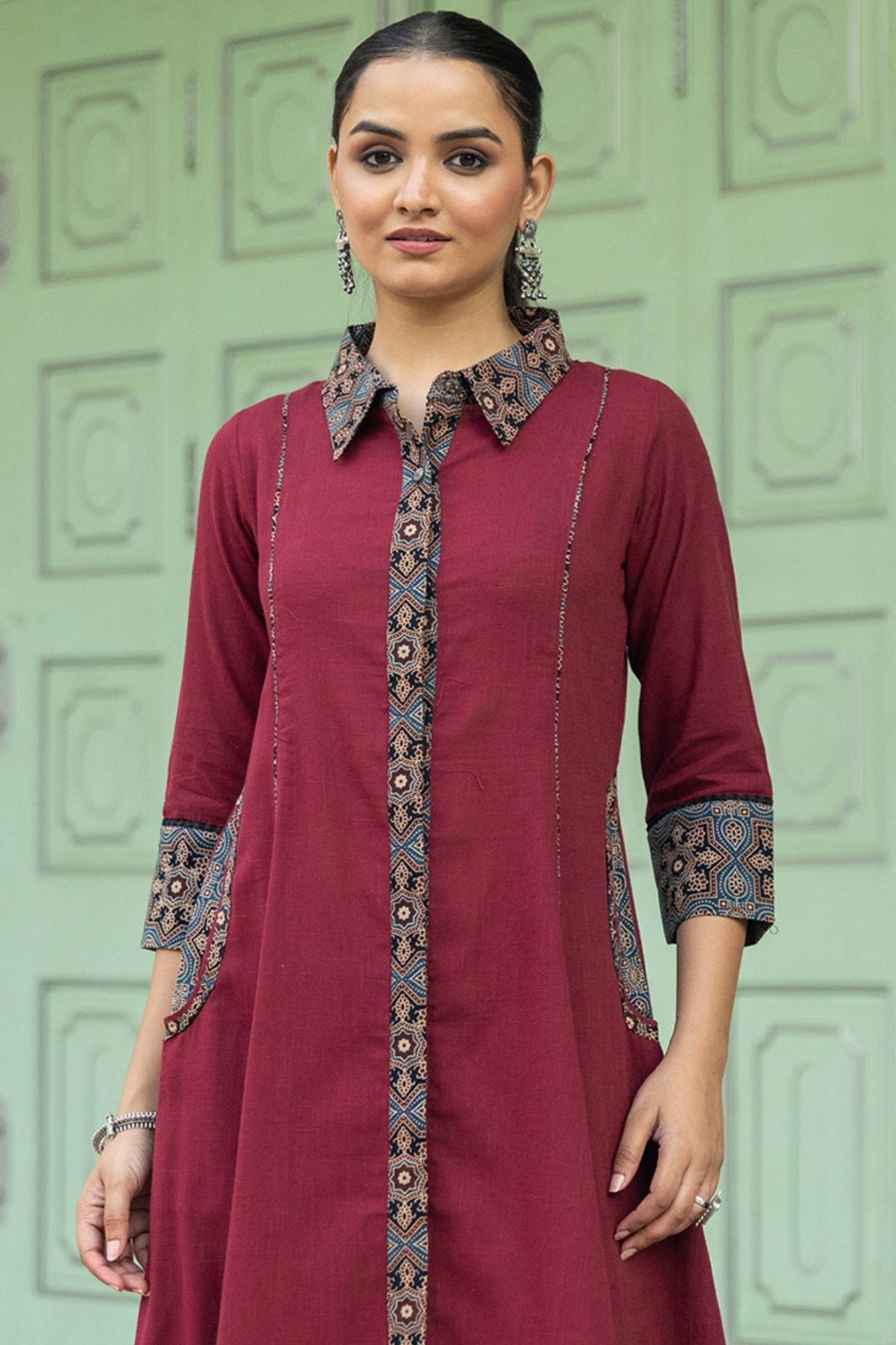 Maroon A-Line Dress with Ajrakh Print Collar and Pockets