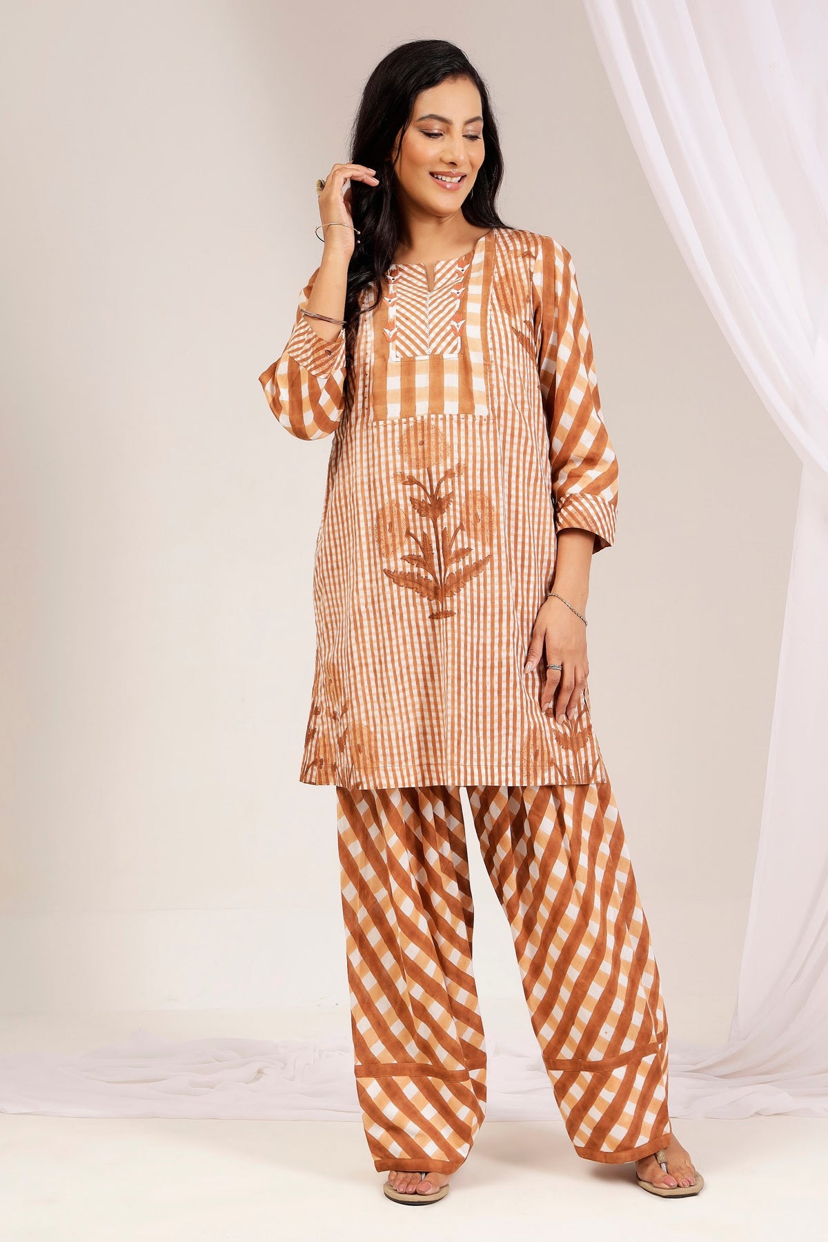 Terracotta Gingham Handblock Printed Farshi Salwar Set