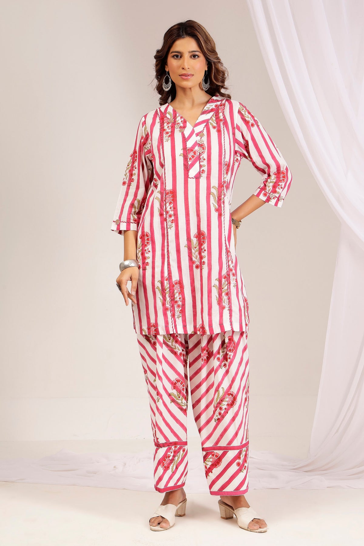 Pink Striped Cotton Mul Kurta Set