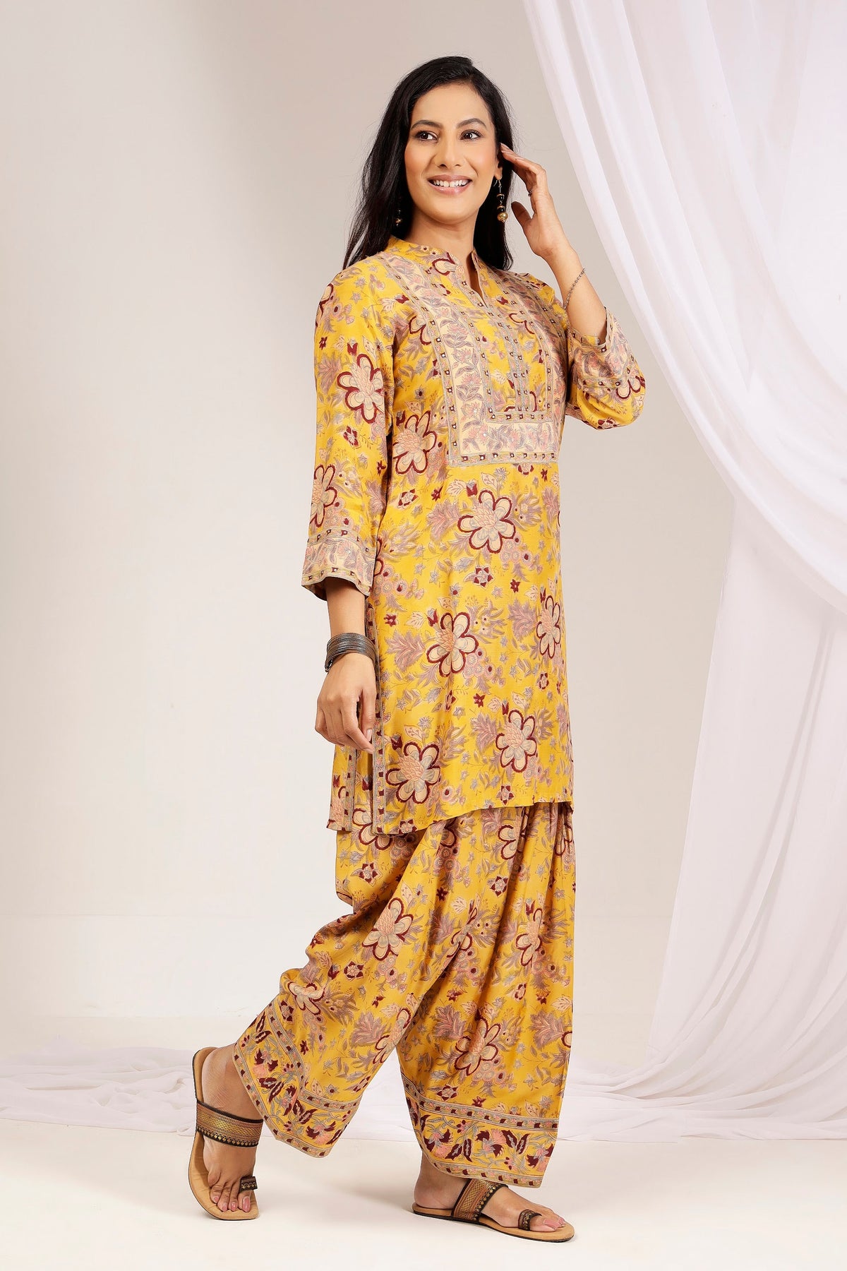 Yellow Bagru Block Print Muslin Farshi Salwar Co-Ord Set