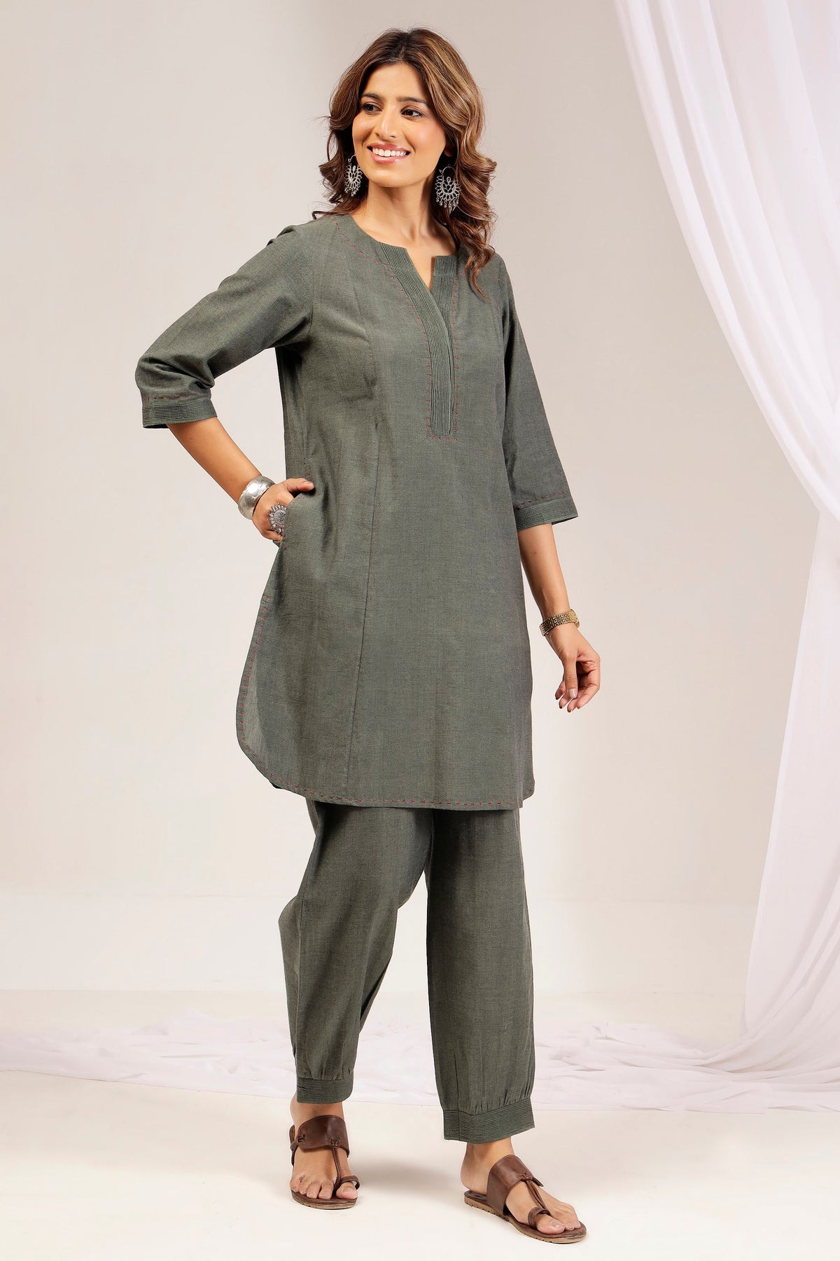 Green Handwoven Shot Cotton Embroidered Co-Ord Set