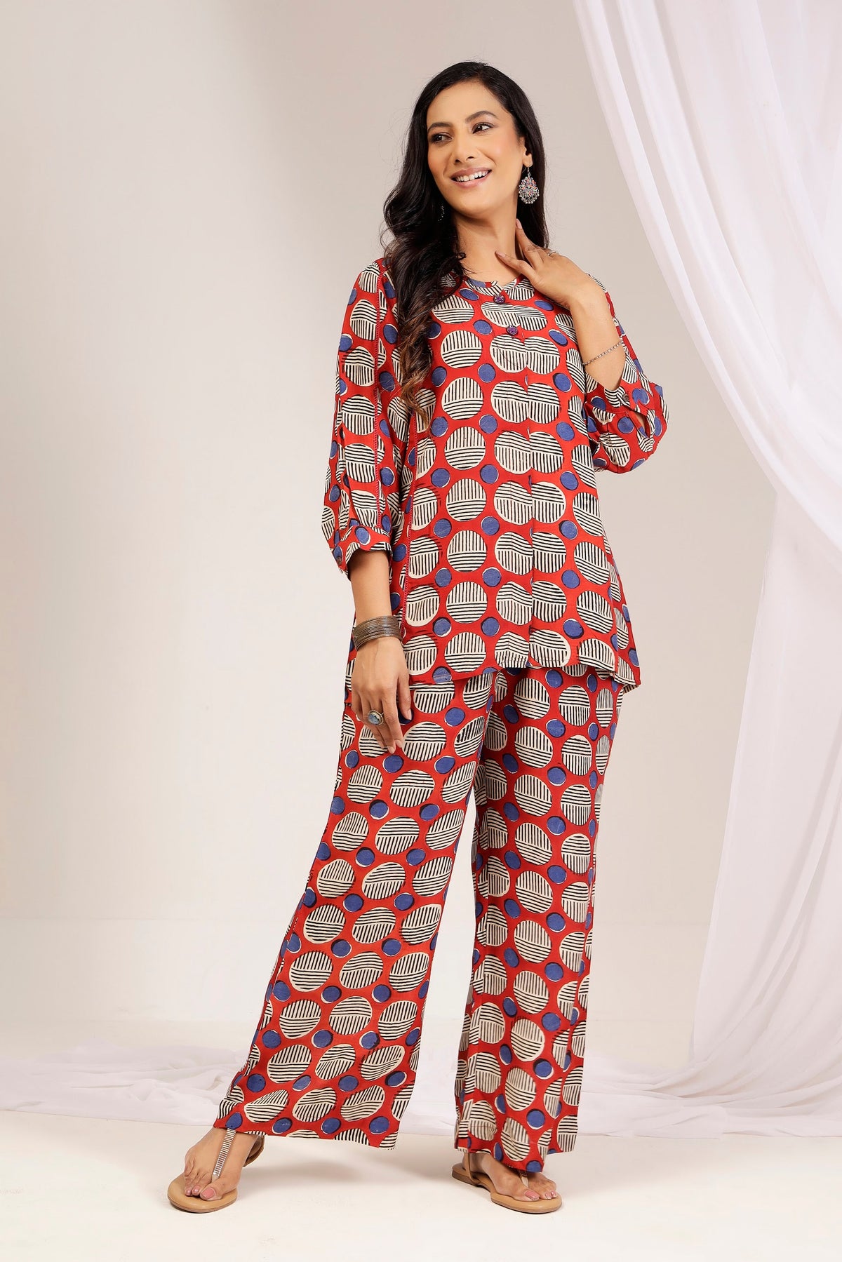 Rust Brick Geometric Bagru Print Muslin Cotton Co-Ord Set
