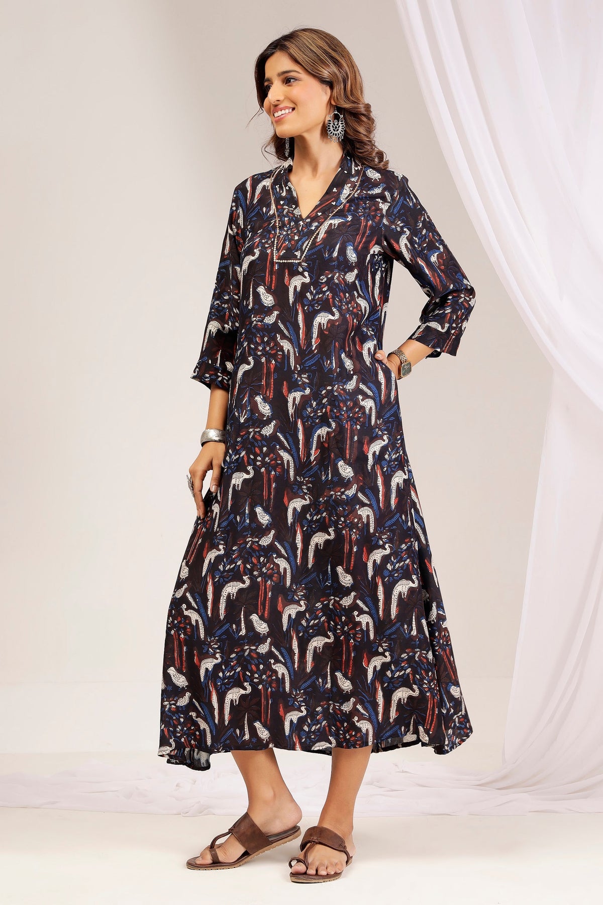 Indigo & Madder Muslin A-Line Midi Dress
