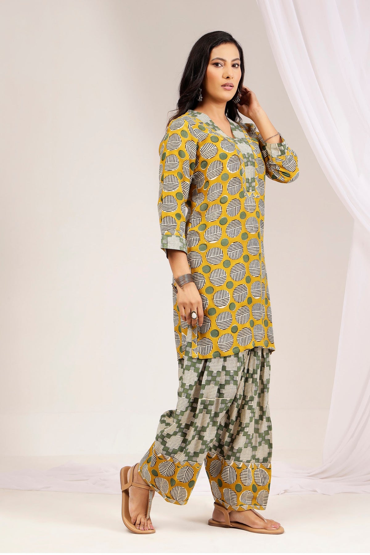 Mustard Geometric Muslin Farshi Salwar Co-ord Set