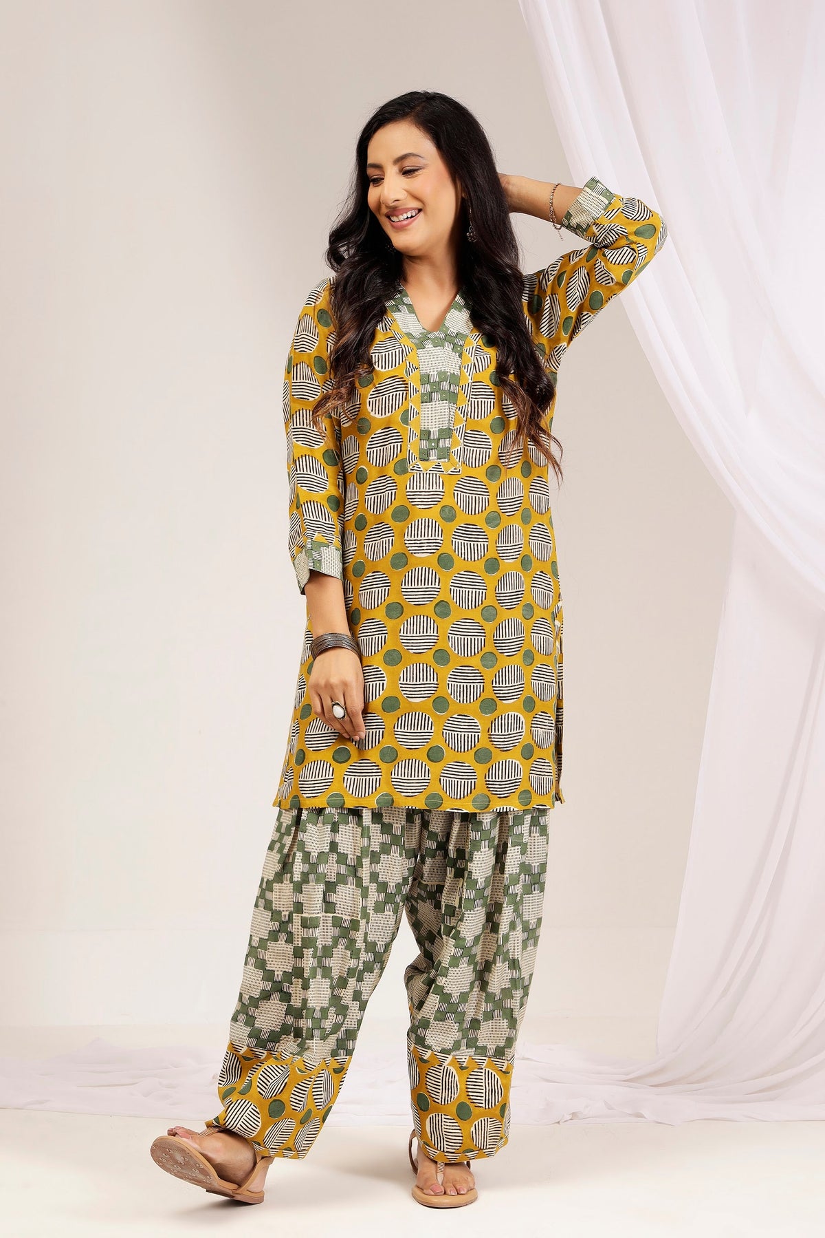 Mustard Geometric Muslin Farshi Salwar Co-ord Set