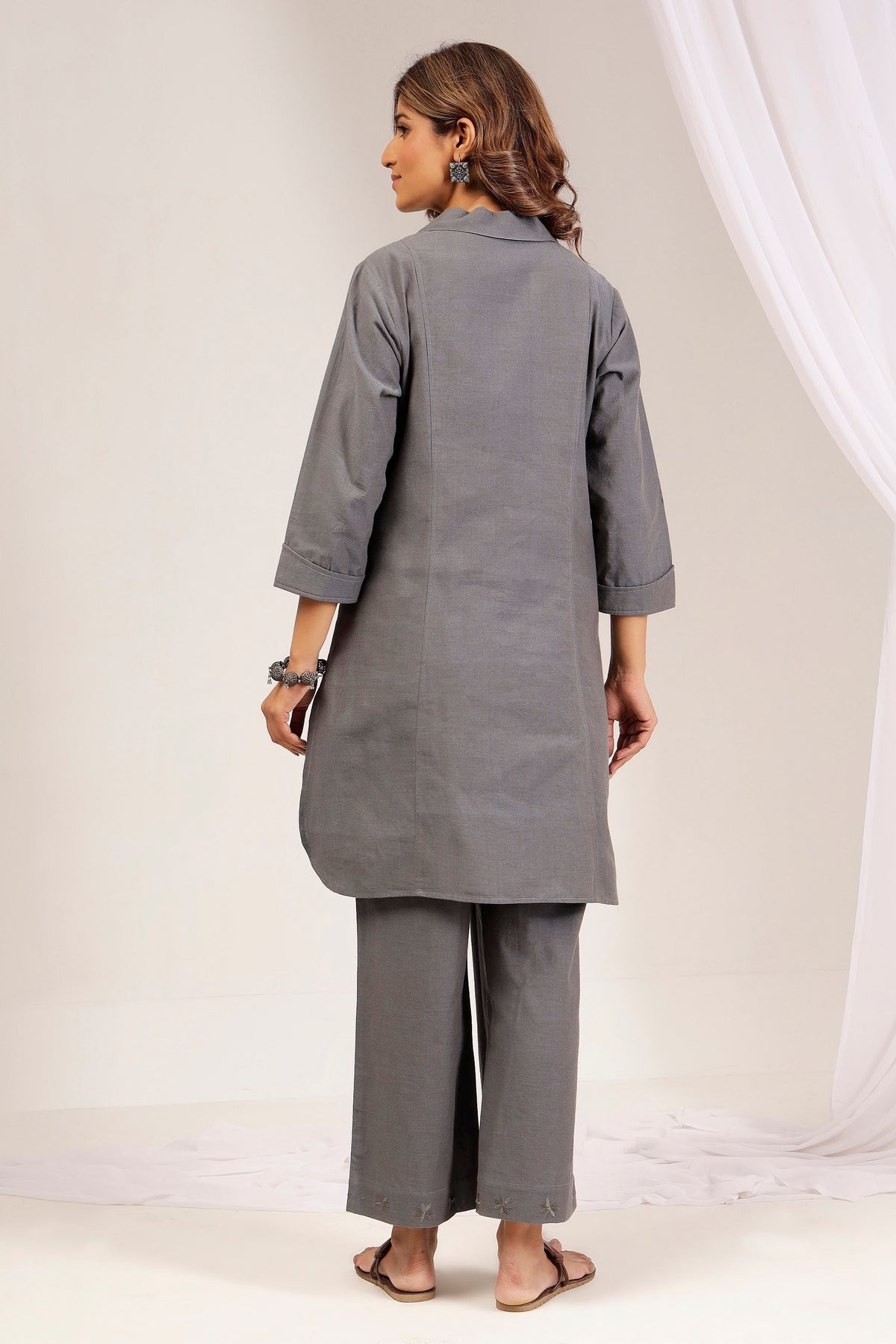 Ash Grey Handwoven Shot Cotton Shirt-Collar Co-ord Set