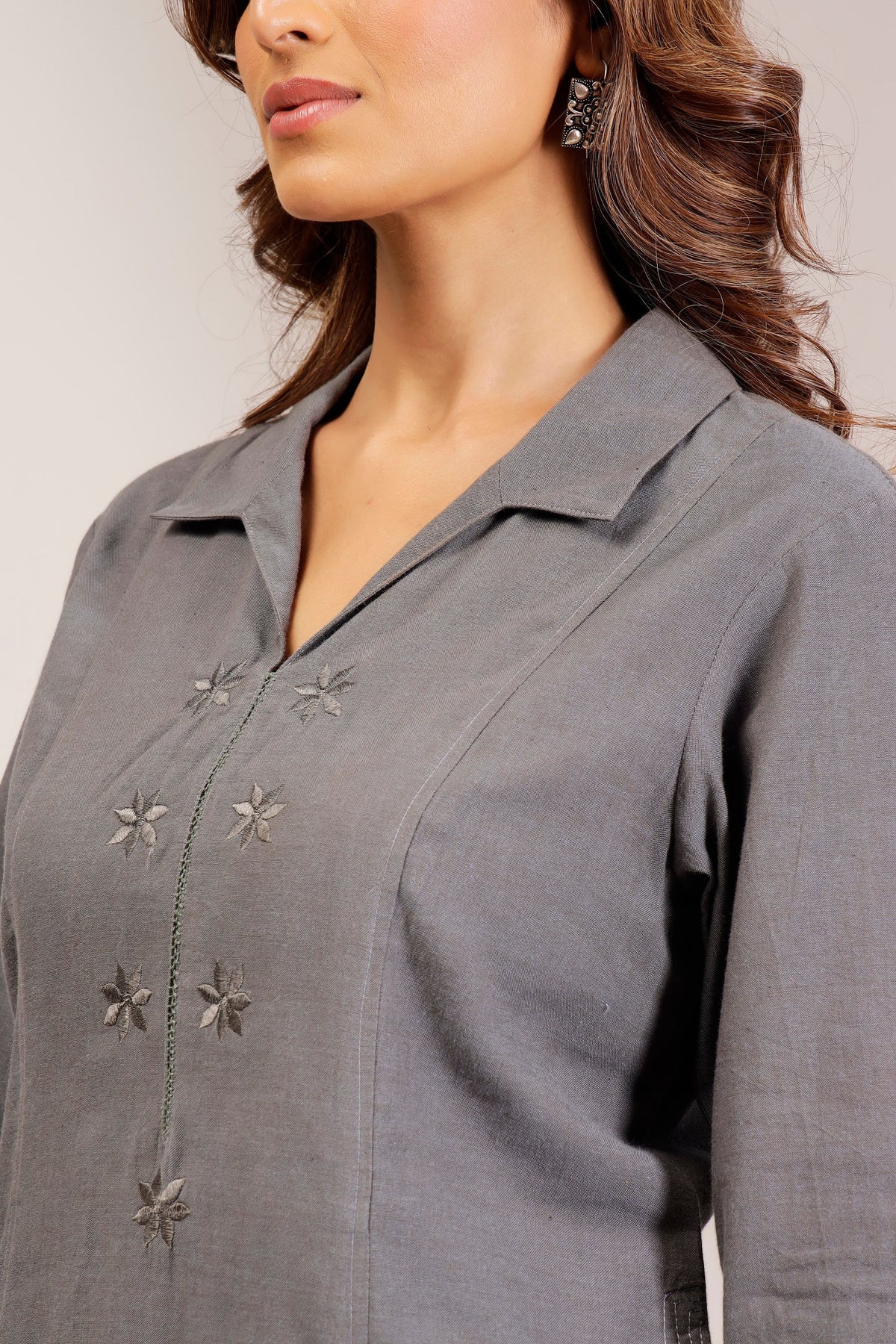 Ash Grey Handwoven Shot Cotton Shirt-Collar Co-ord Set