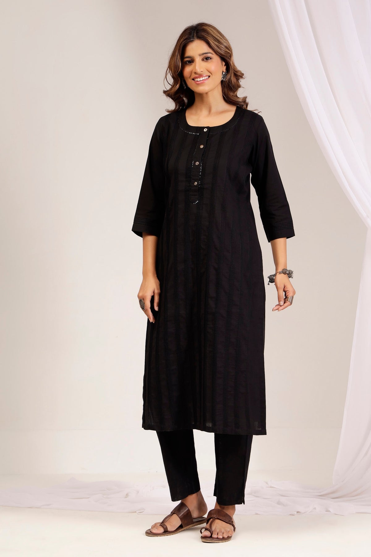Classic Jet Black Cotton Poplin Pintuck Kurta