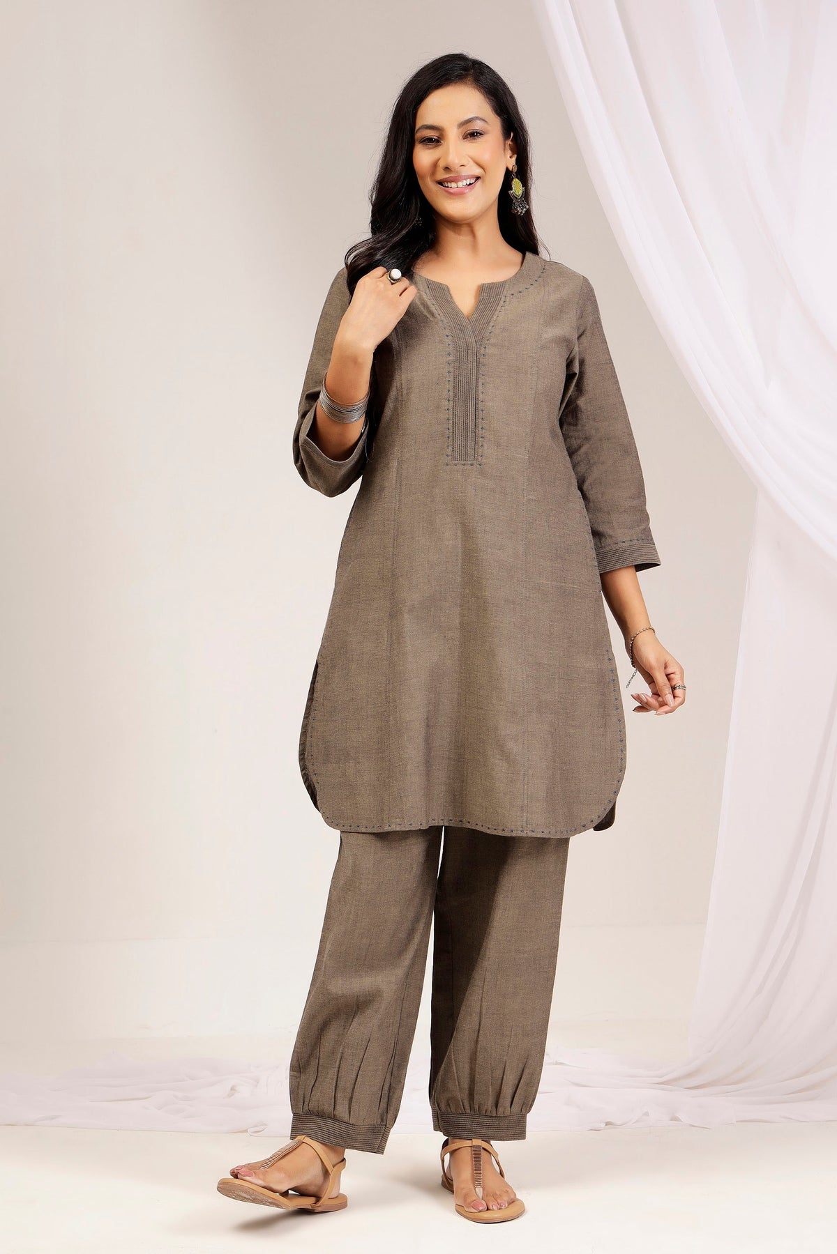 Taupe Handwoven Cotton Formal Tunic & Salwar Co-ord Set