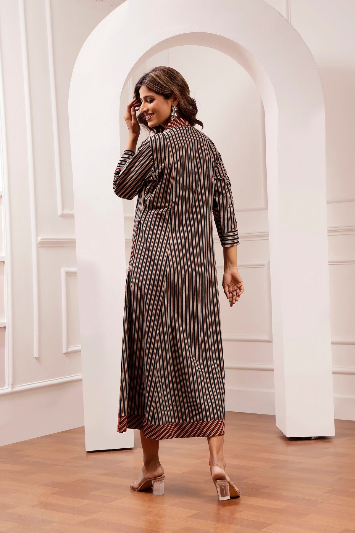 Signature Cut Ajrakh Stripe V-Neck Midi Dress