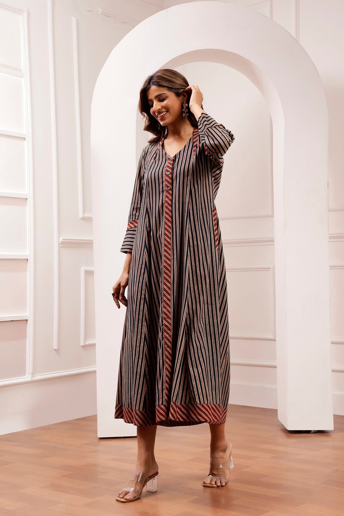 Signature Cut Ajrakh Stripe V-Neck Midi Dress