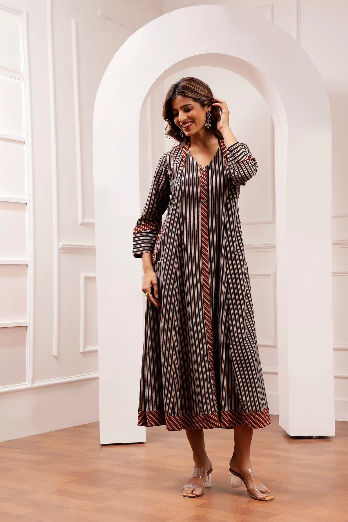 Signature Cut Ajrakh Stripe V-Neck Midi Dress