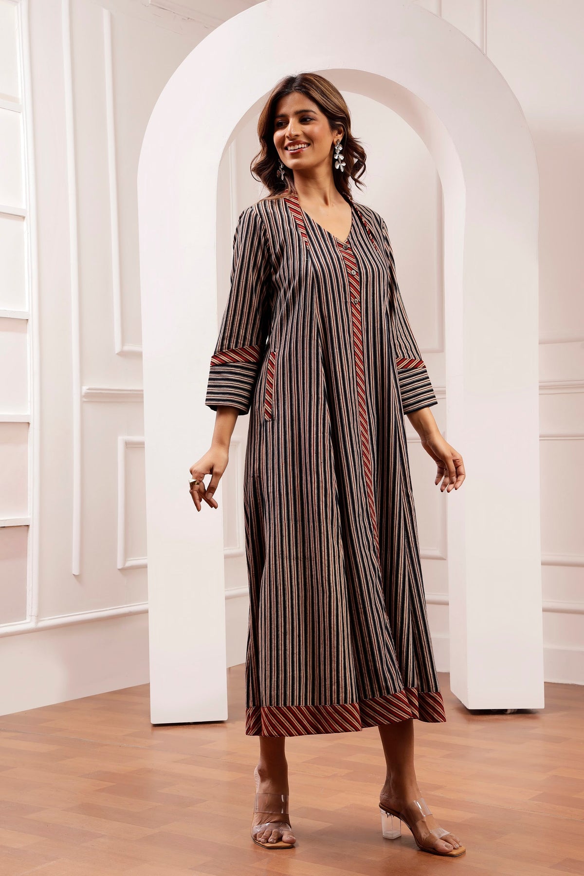 Signature Cut Ajrakh Stripe V-Neck Midi Dress
