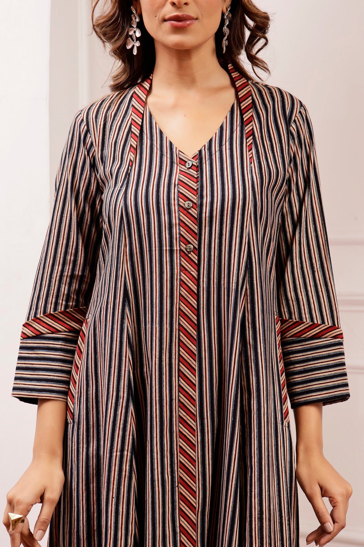 Signature Cut Ajrakh Stripe V-Neck Midi Dress