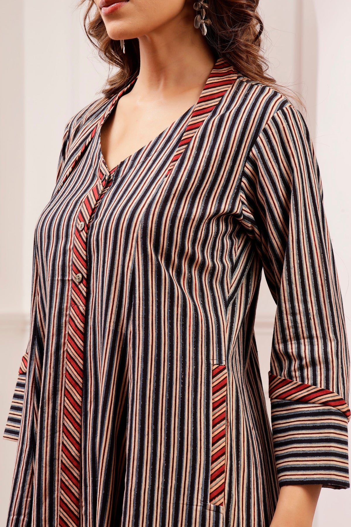 Signature Cut Ajrakh Stripe V-Neck Midi Dress