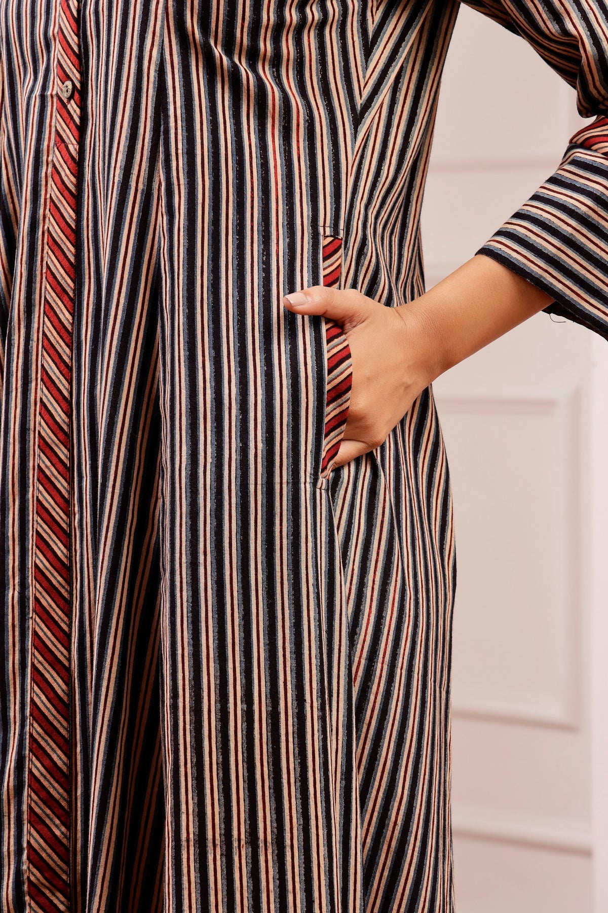 Signature Cut Ajrakh Stripe V-Neck Midi Dress